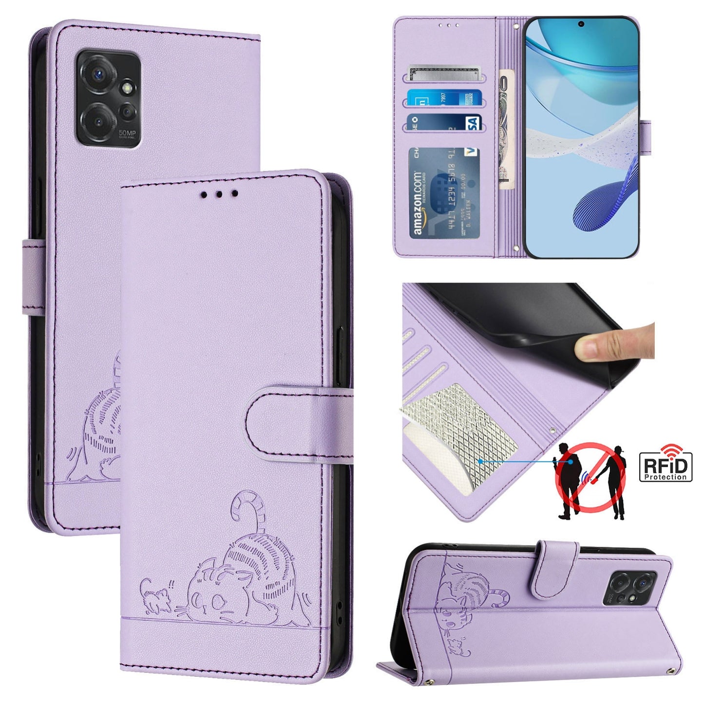 Motorola Moto G Power 2023 Cat and Rat Embossed Pattern, RFID Leather Phone Case with Lanyard, Kickstand, and Wallet Features