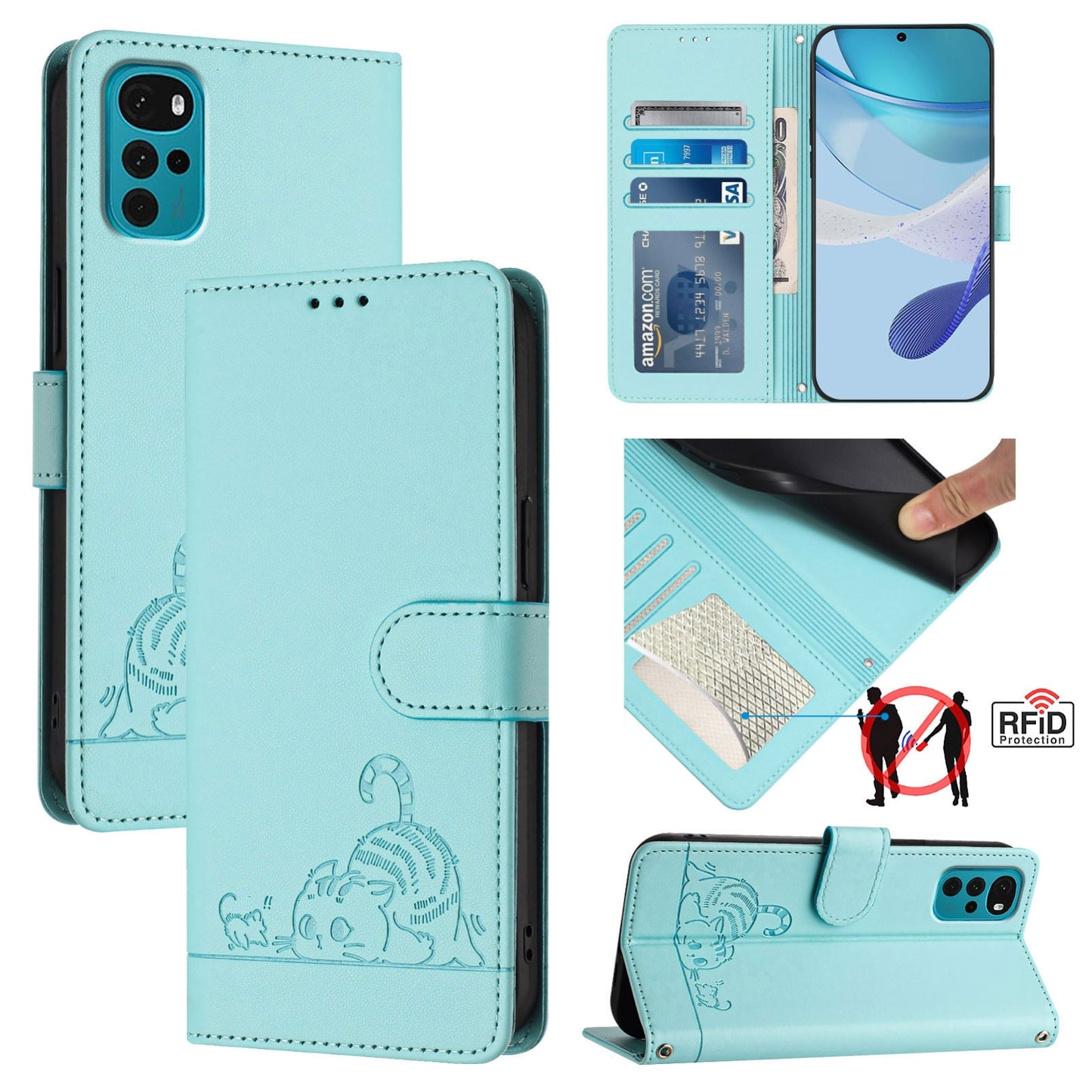 Motorola Moto E32s Cat and Rat Embossed Pattern, RFID Leather Phone Case with Lanyard, Kickstand, and Wallet Features