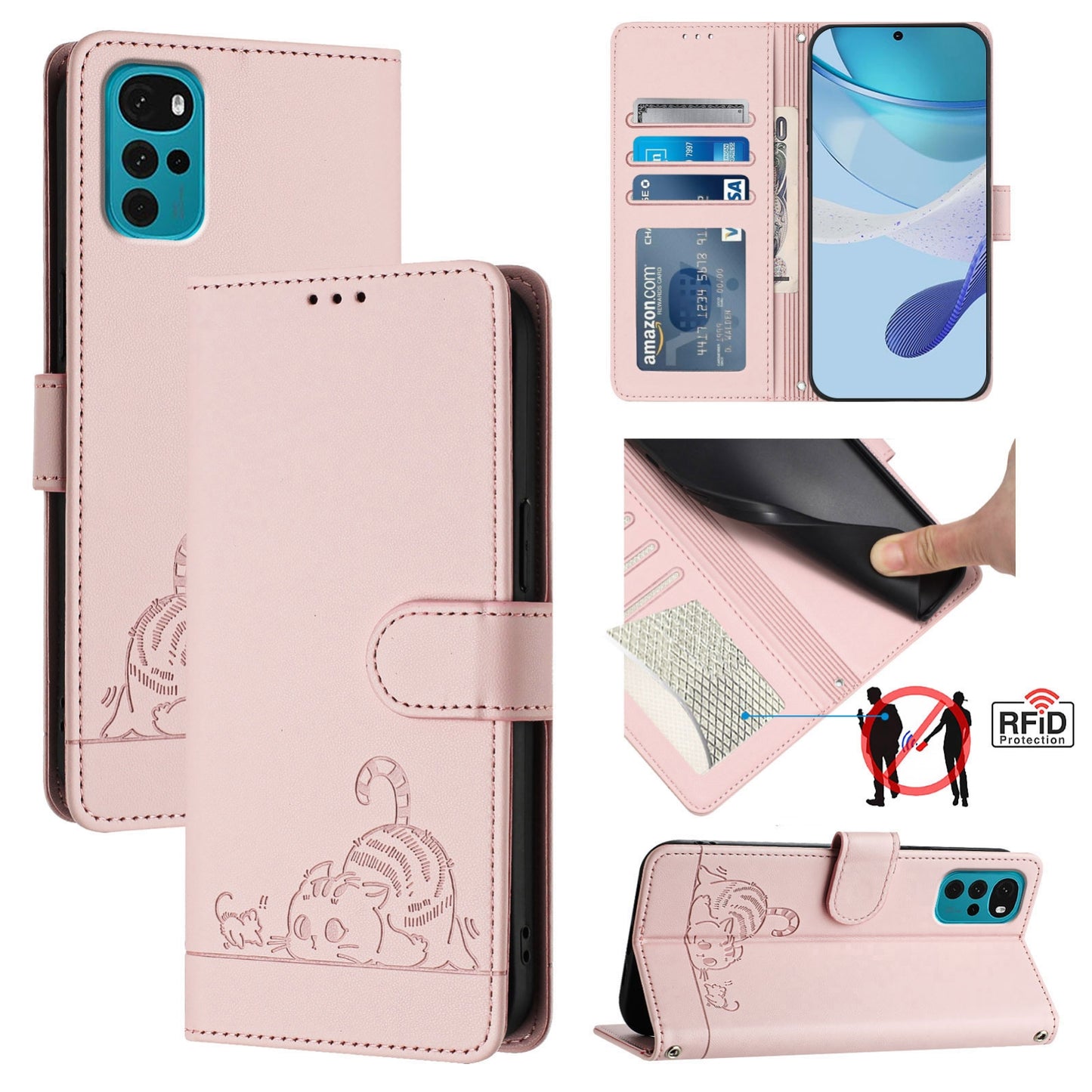 Motorola Moto E32s Cat and Rat Embossed Pattern, RFID Leather Phone Case with Lanyard, Kickstand, and Wallet Features