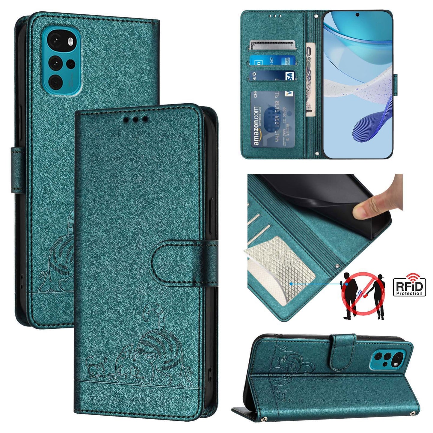 Motorola Moto E32s Cat and Rat Embossed Pattern, RFID Leather Phone Case with Lanyard, Kickstand, and Wallet Features