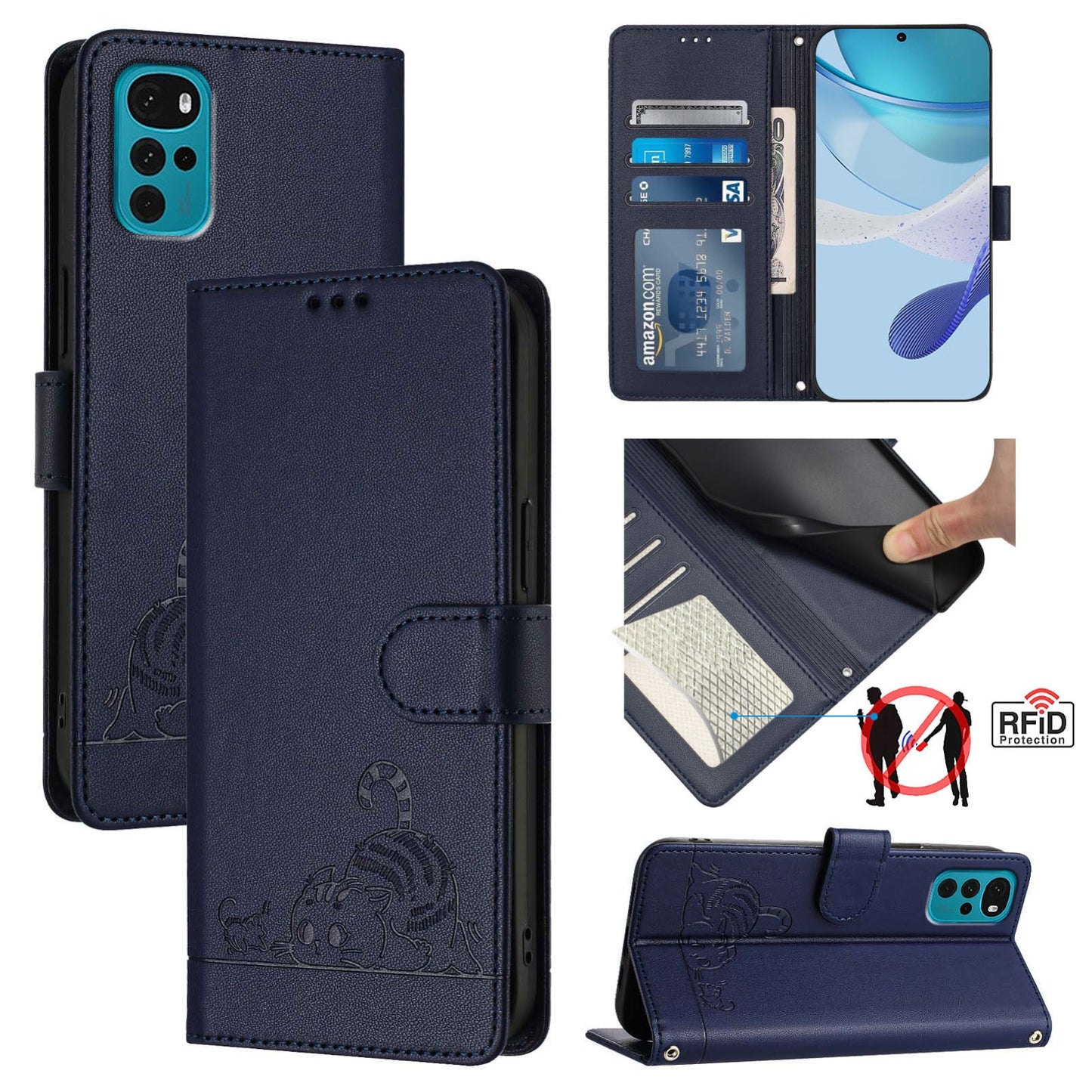 Motorola Moto E32s Cat and Rat Embossed Pattern, RFID Leather Phone Case with Lanyard, Kickstand, and Wallet Features