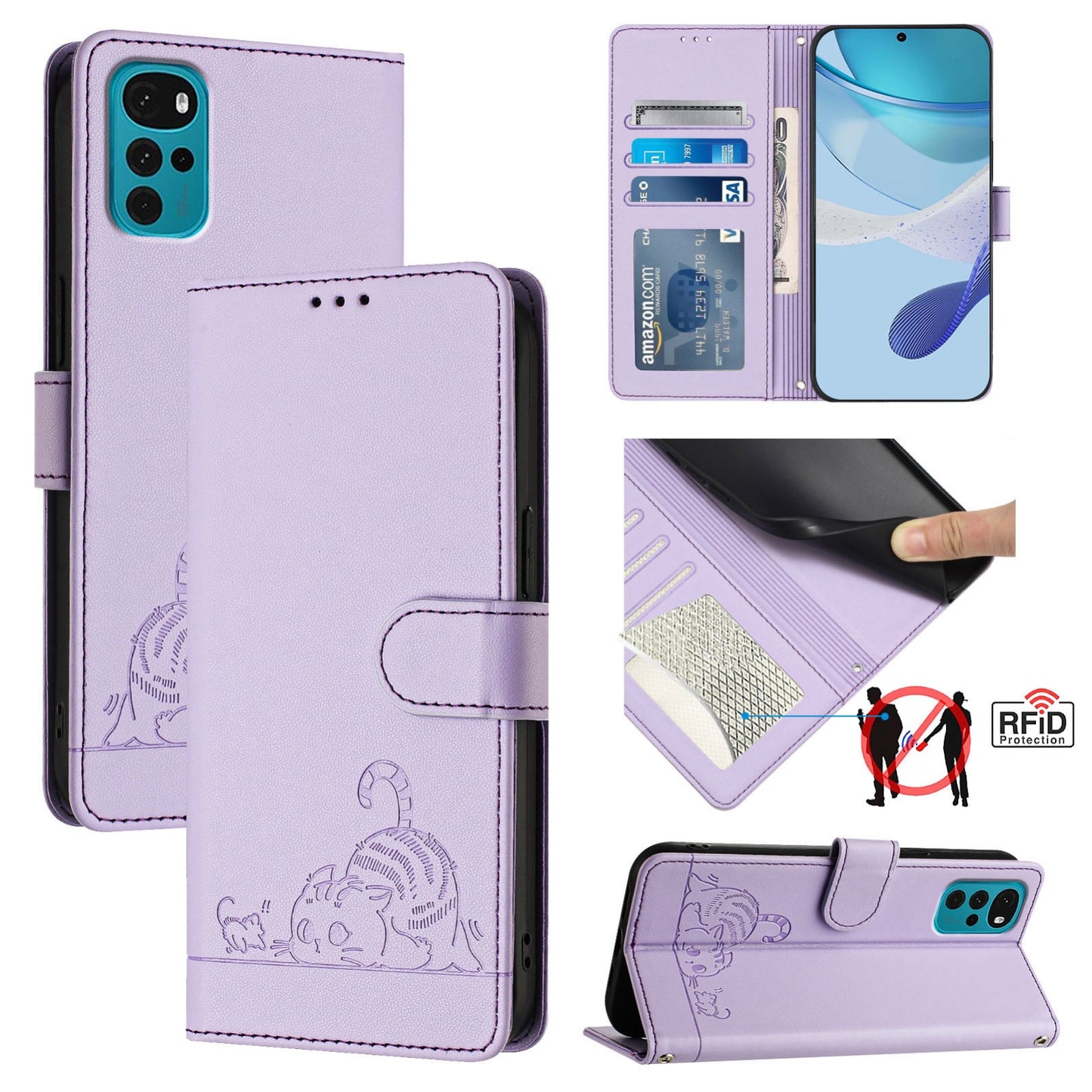 Motorola Moto E32s Cat and Rat Embossed Pattern, RFID Leather Phone Case with Lanyard, Kickstand, and Wallet Features