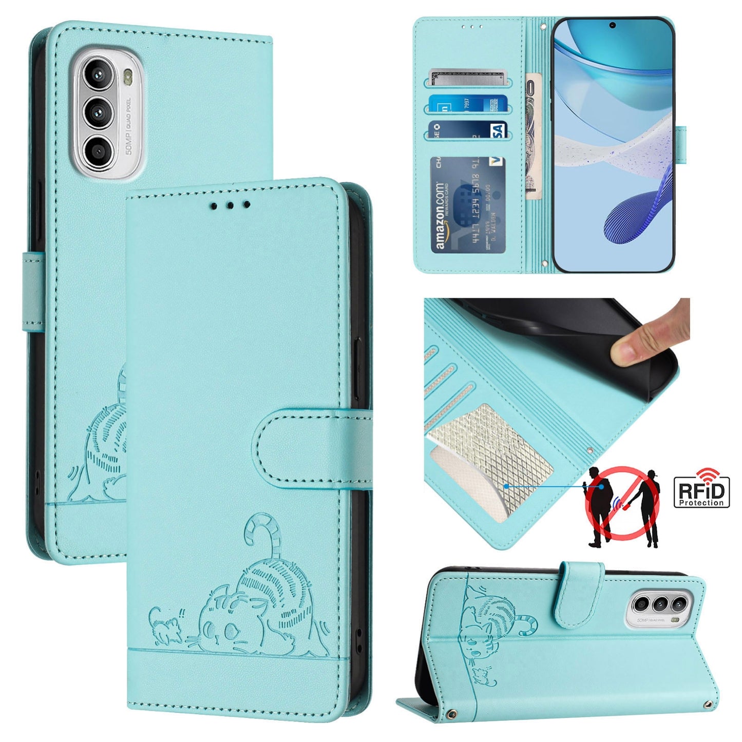 Motorola Moto G82 5G Cat and Rat Embossed Pattern, RFID Leather Phone Case with Lanyard, Kickstand, and Wallet Features