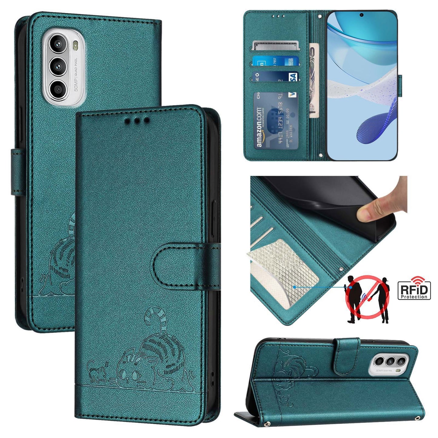 Motorola Moto G82 5G Cat and Rat Embossed Pattern, RFID Leather Phone Case with Lanyard, Kickstand, and Wallet Features