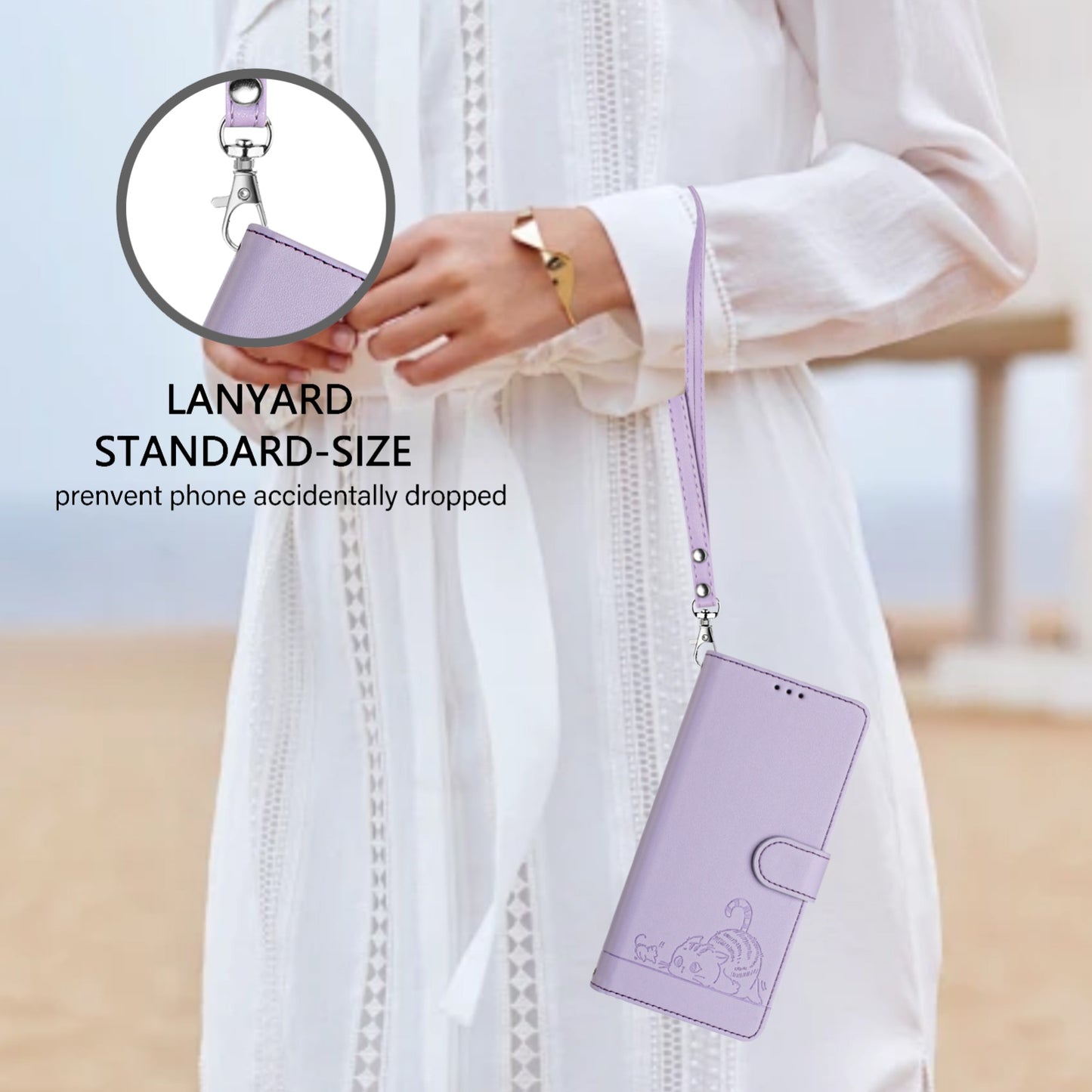 Motorola Moto G52 4G Cat and Rat Embossed Pattern, RFID Leather Phone Case with Lanyard, Kickstand, and Wallet Features