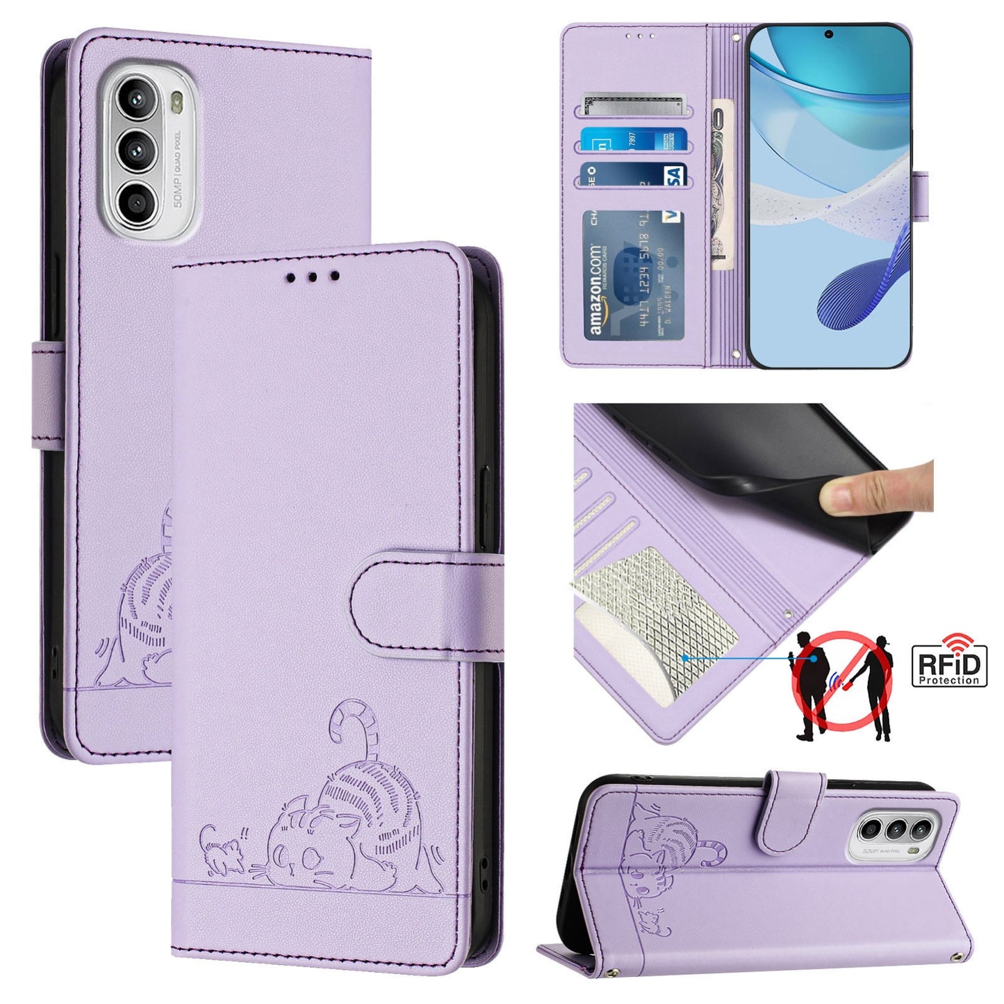 Motorola Moto G82 5G Cat and Rat Embossed Pattern, RFID Leather Phone Case with Lanyard, Kickstand, and Wallet Features