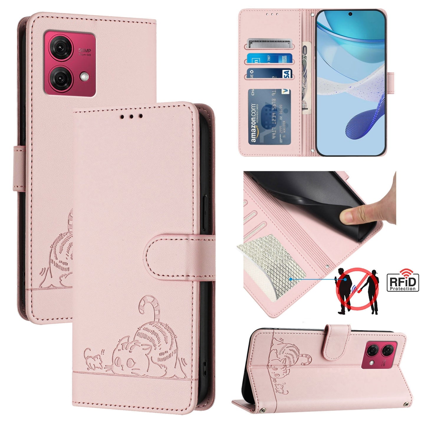 Motorola Moto G84 5G Cat and Rat Embossed Pattern, RFID Leather Phone Case with Lanyard, Kickstand, and Wallet Features