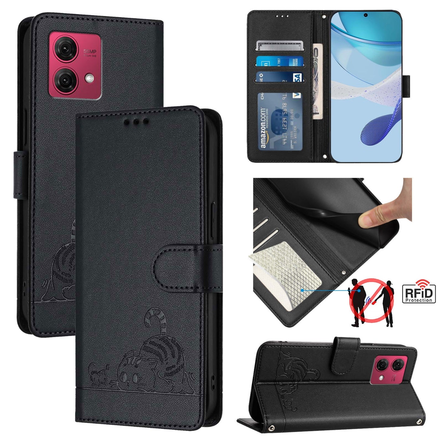 Motorola Moto G84 5G Cat and Rat Embossed Pattern, RFID Leather Phone Case with Lanyard, Kickstand, and Wallet Features