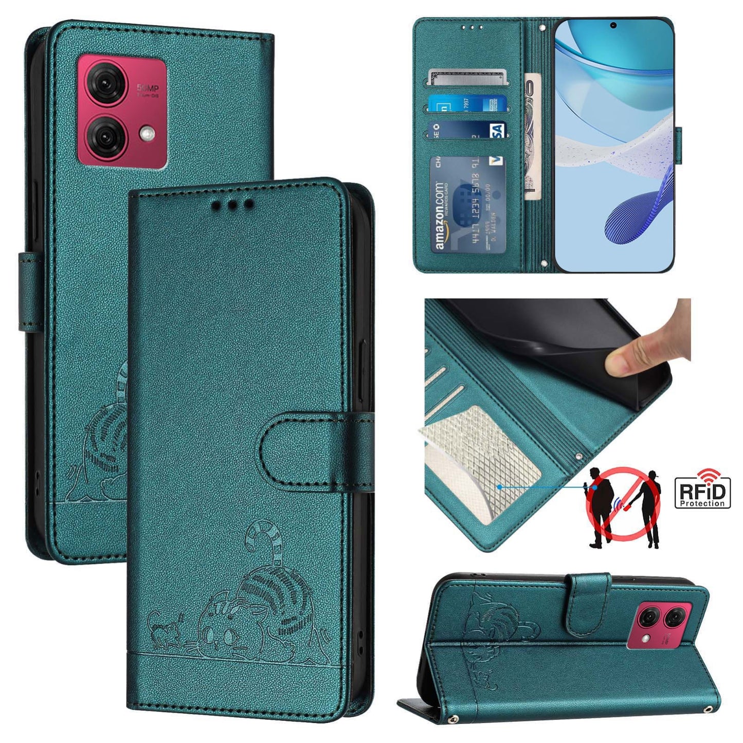 Motorola Moto G84 5G Cat and Rat Embossed Pattern, RFID Leather Phone Case with Lanyard, Kickstand, and Wallet Features