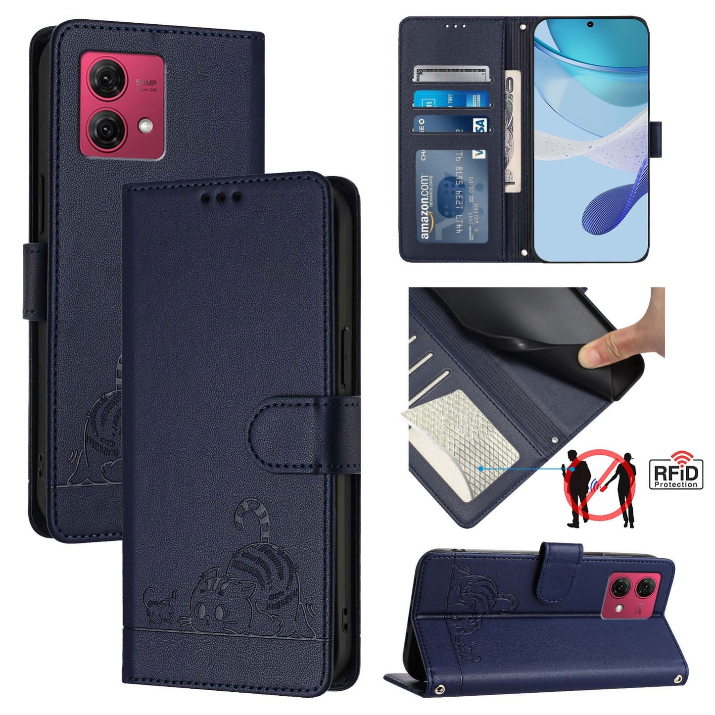 Motorola Moto G84 5G Cat and Rat Embossed Pattern, RFID Leather Phone Case with Lanyard, Kickstand, and Wallet Features