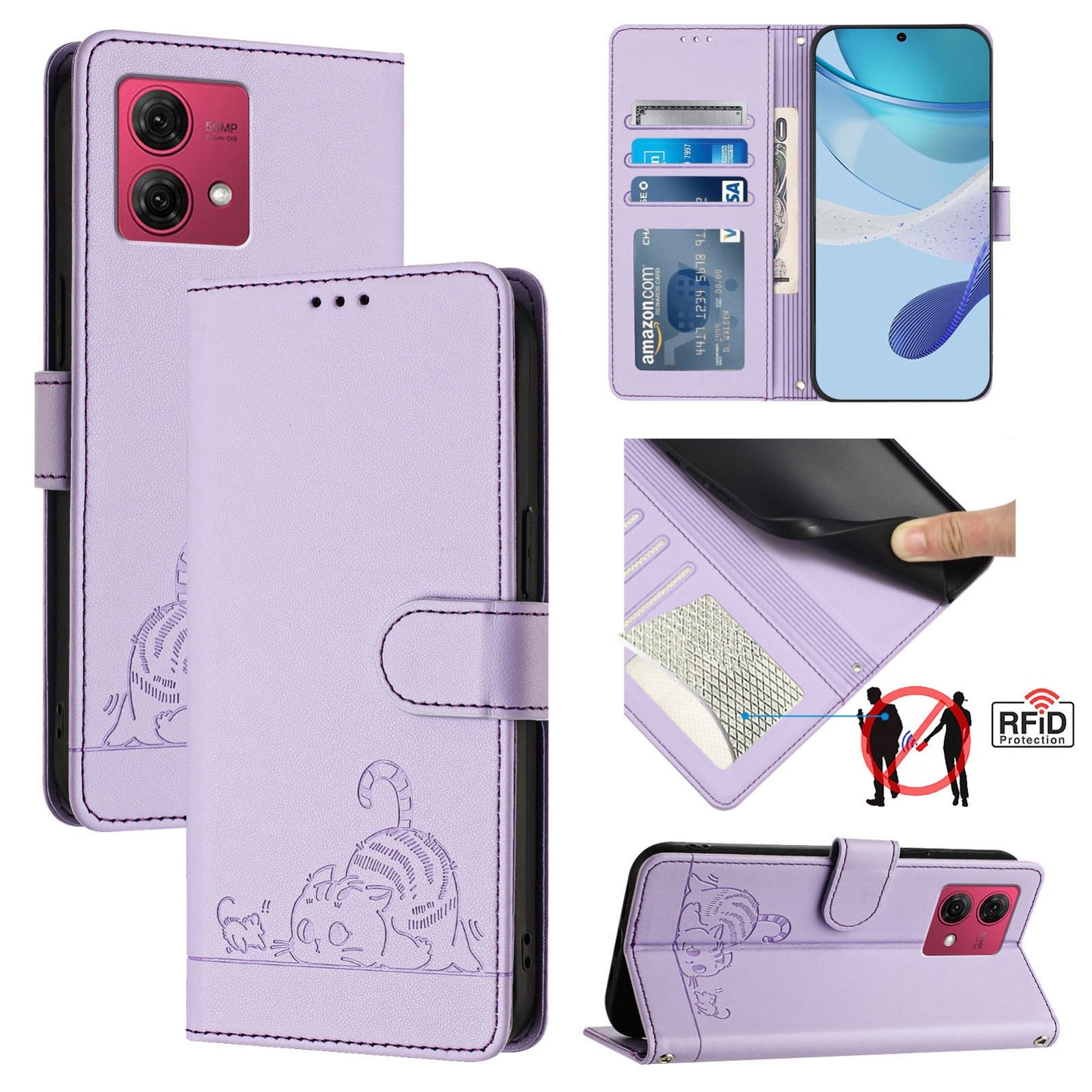 Motorola Moto G84 5G Cat and Rat Embossed Pattern, RFID Leather Phone Case with Lanyard, Kickstand, and Wallet Features