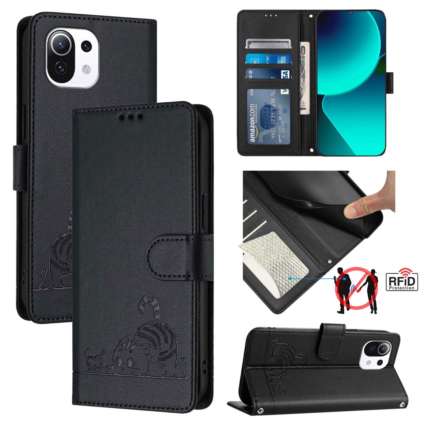 Xiaomi Mi 11 Lite 5G Cat and Rat Embossed Pattern, RFID Leather Phone Case with Lanyard, Kickstand, and Wallet Features