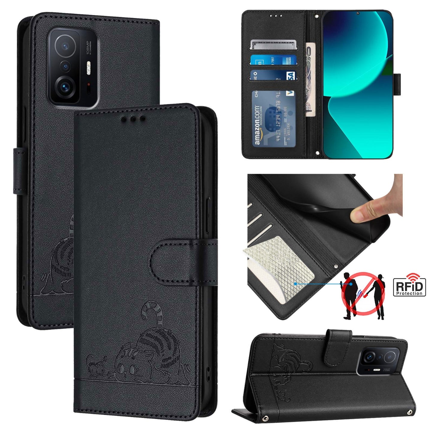 For Xiaomi 11T Pro Cat and Rat Embossed Pattern, RFID Leather Phone Case with Lanyard, Kickstand, and Wallet Features