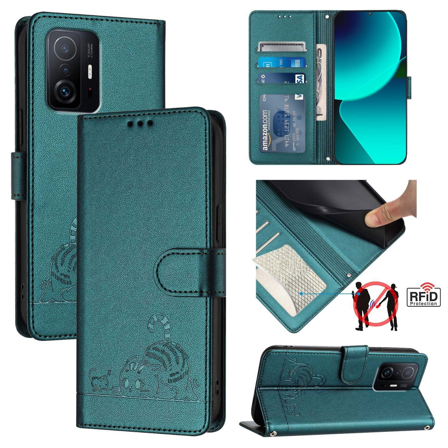 For Xiaomi 11T Pro Cat and Rat Embossed Pattern, RFID Leather Phone Case with Lanyard, Kickstand, and Wallet Features