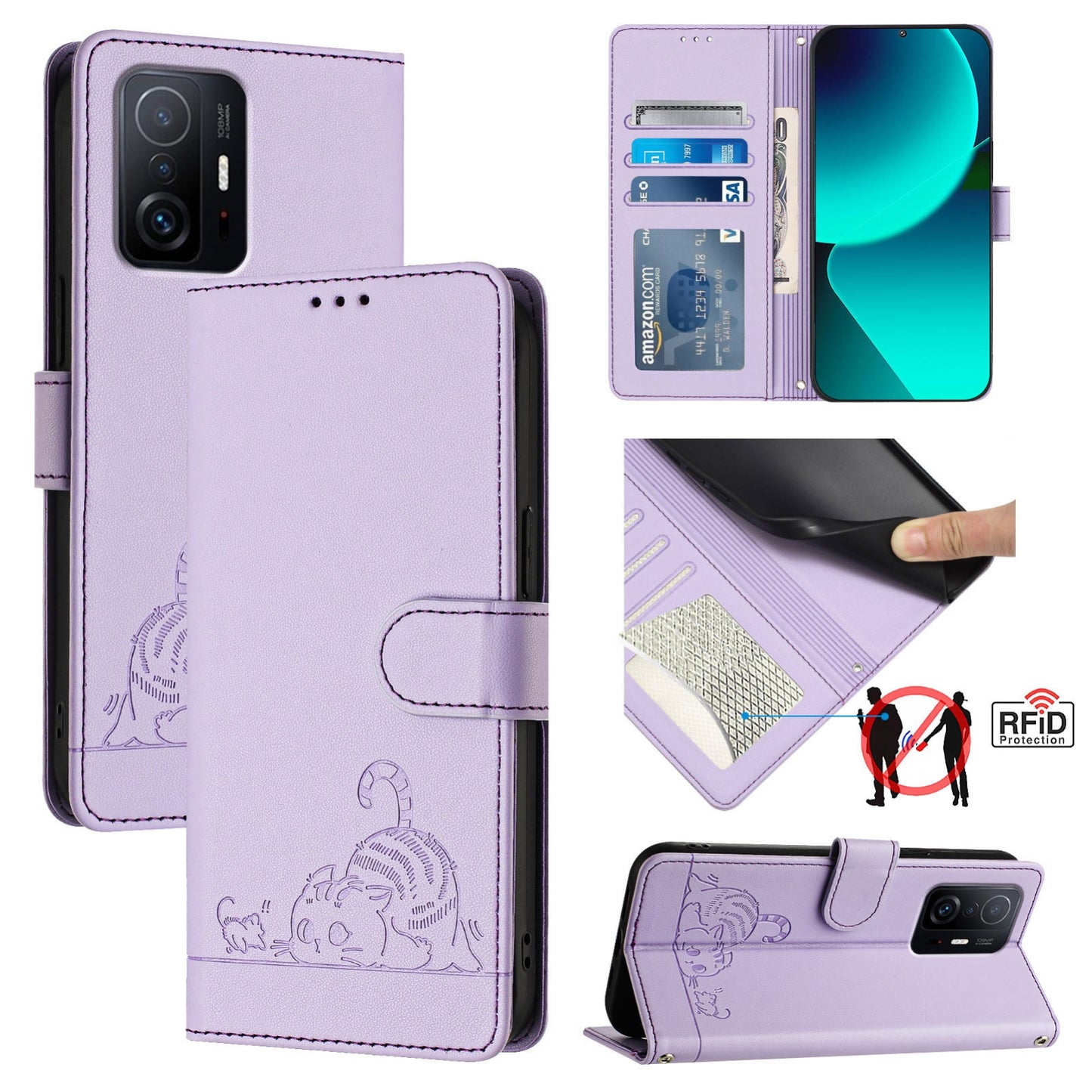 For Xiaomi 11T Pro Cat and Rat Embossed Pattern, RFID Leather Phone Case with Lanyard, Kickstand, and Wallet Features