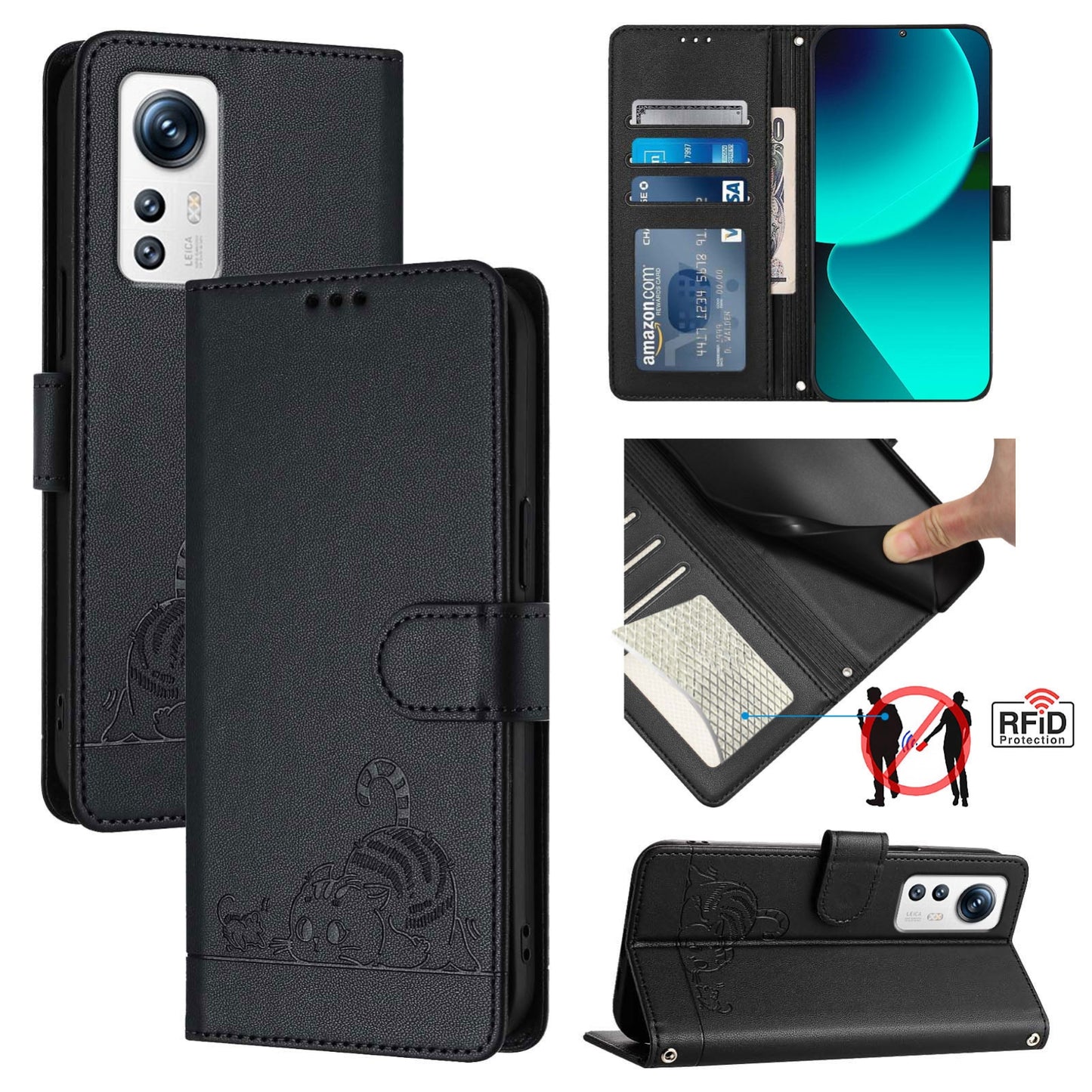 For Xiaomi 12 5G Cat and Rat Embossed Pattern, RFID Leather Phone Case with Lanyard, Kickstand, and Wallet Features