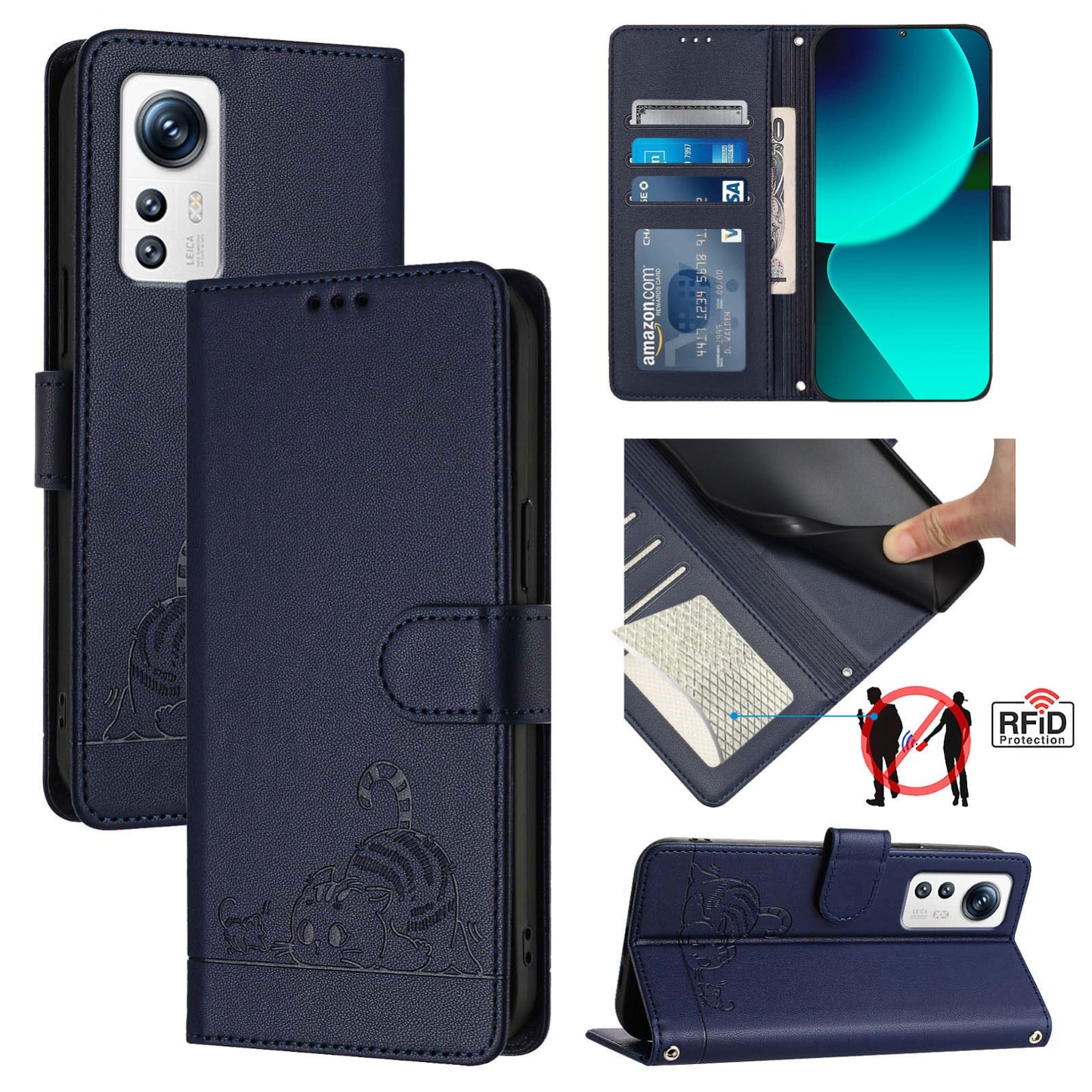 For Xiaomi 12 5G Cat and Rat Embossed Pattern, RFID Leather Phone Case with Lanyard, Kickstand, and Wallet Features