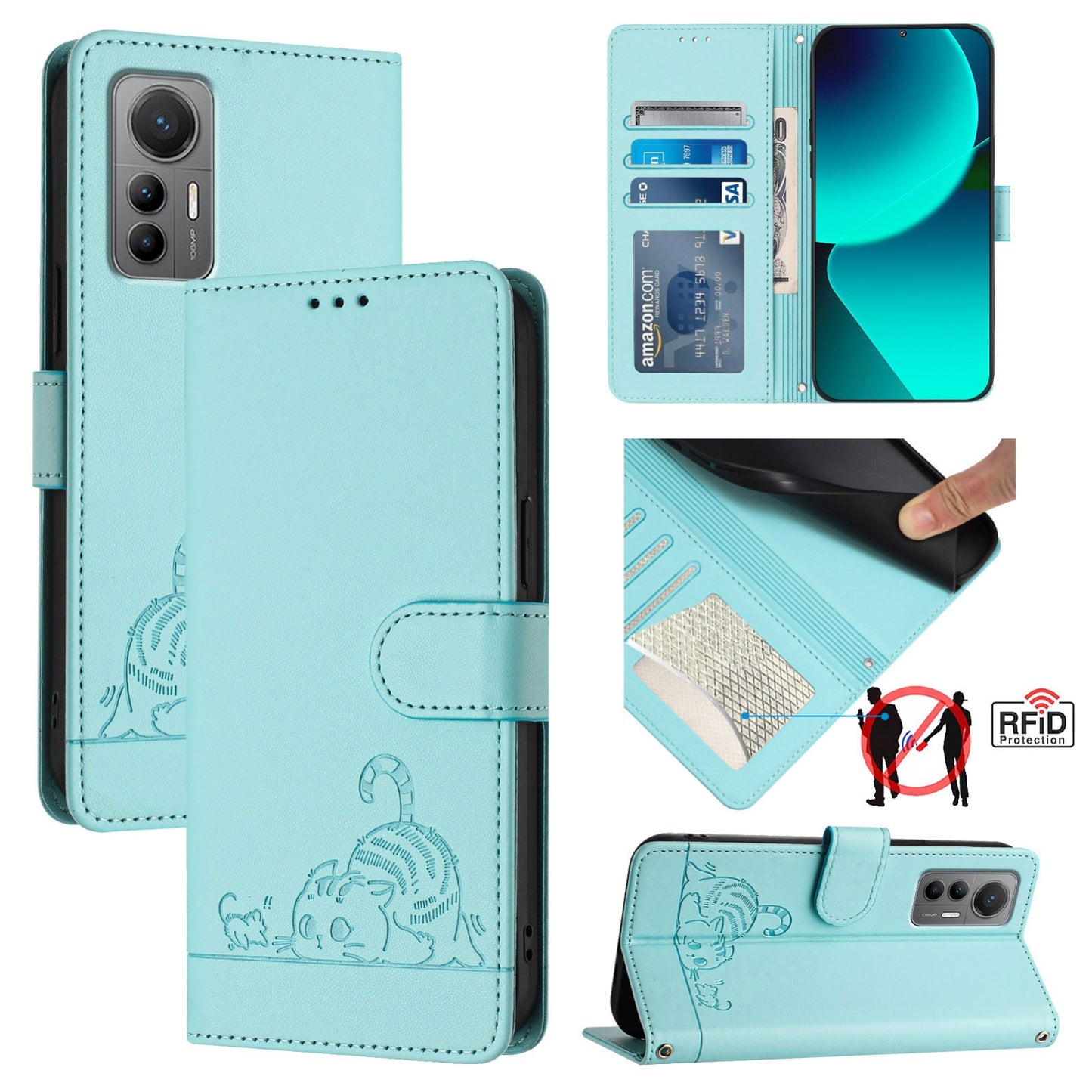 For Xiaomi 12 Lite Cat and Rat Embossed Pattern, RFID Leather Phone Case with Lanyard, Kickstand, and Wallet Features