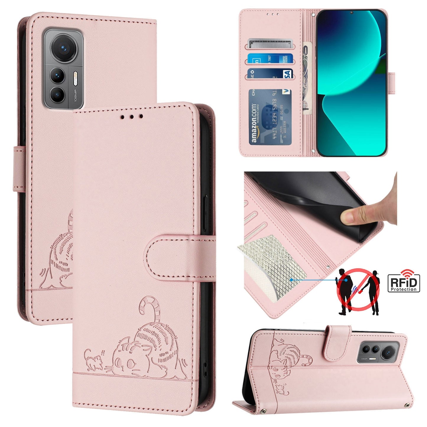For Xiaomi 12 Lite Cat and Rat Embossed Pattern, RFID Leather Phone Case with Lanyard, Kickstand, and Wallet Features