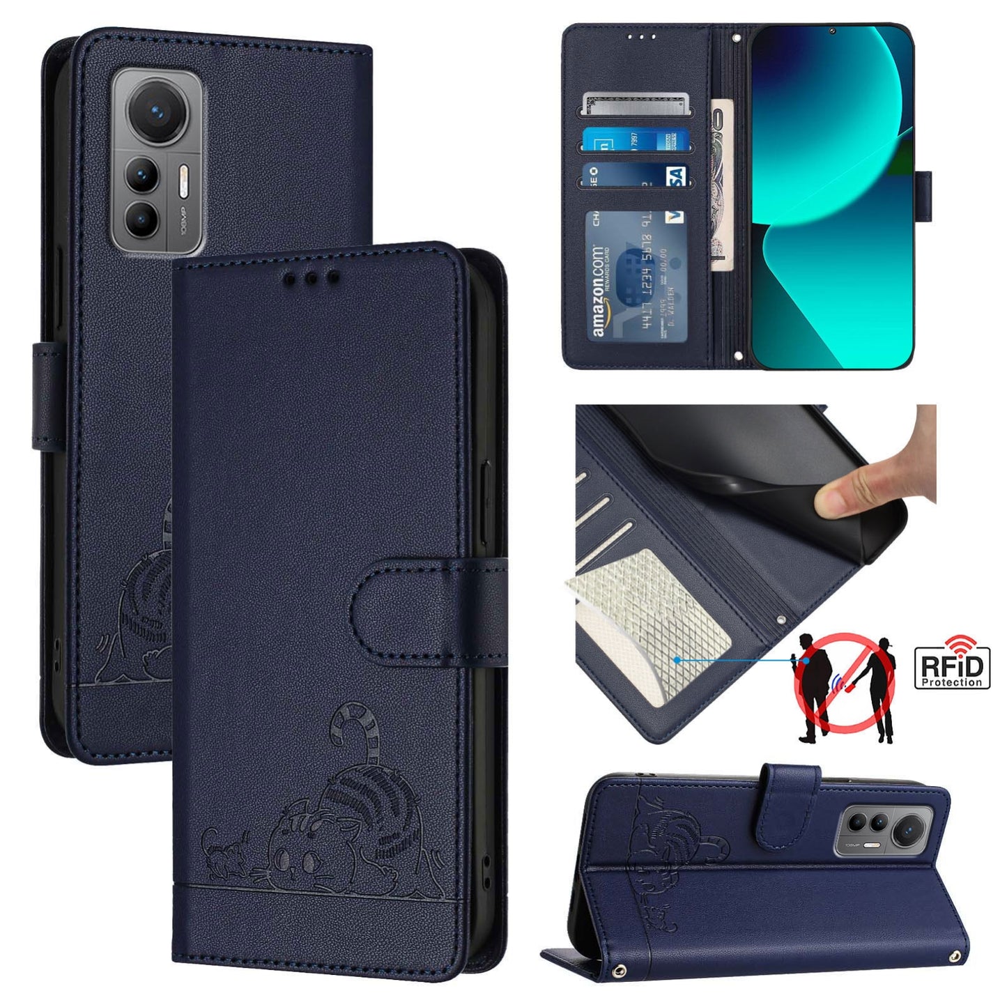 For Xiaomi 12 Lite Cat and Rat Embossed Pattern, RFID Leather Phone Case with Lanyard, Kickstand, and Wallet Features