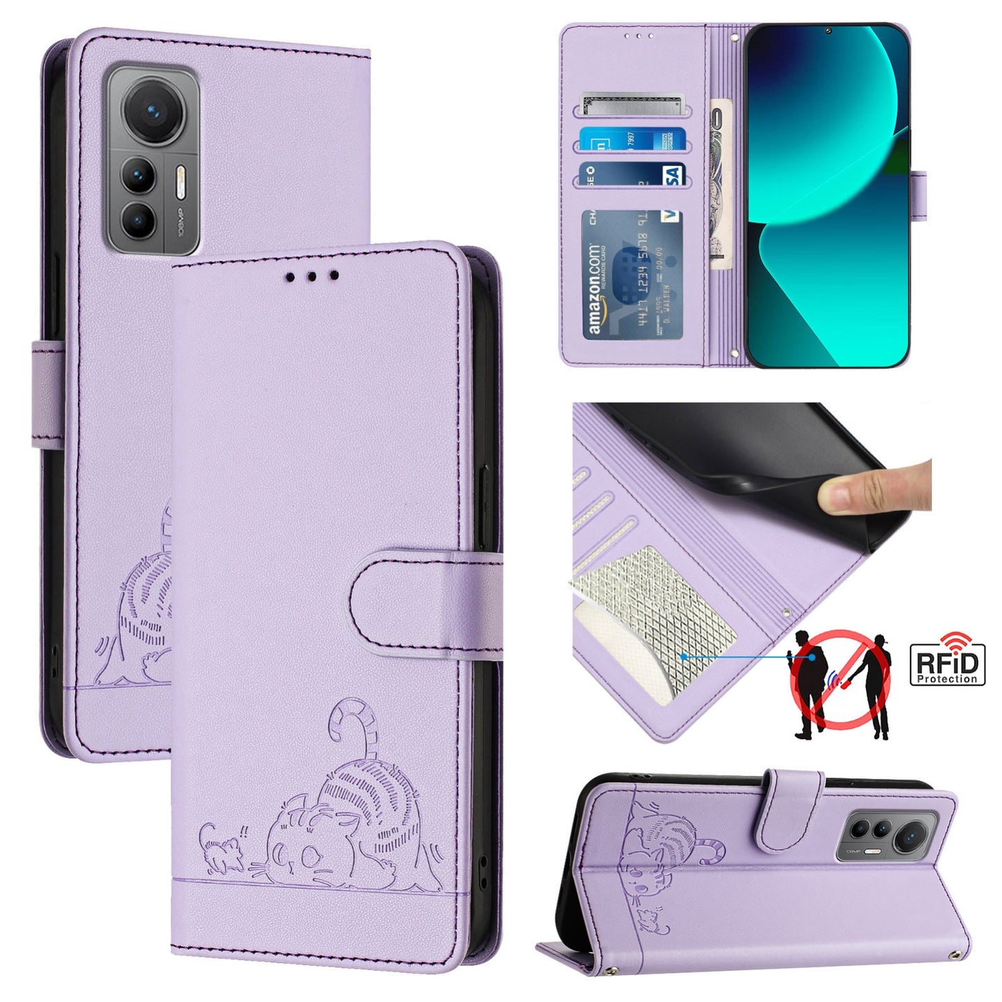 For Xiaomi 12 Lite Cat and Rat Embossed Pattern, RFID Leather Phone Case with Lanyard, Kickstand, and Wallet Features