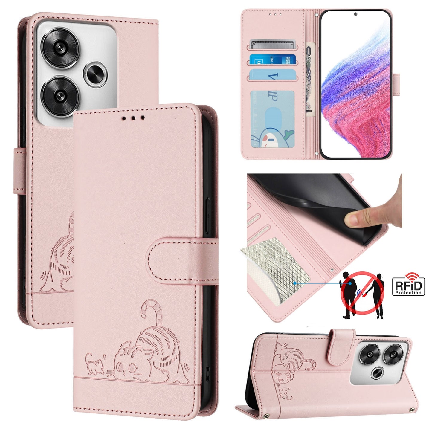 For Xiaomi POCO F6 5G Cat and Rat Embossed Pattern, RFID Leather Phone Case with Lanyard, Kickstand, and Wallet Features