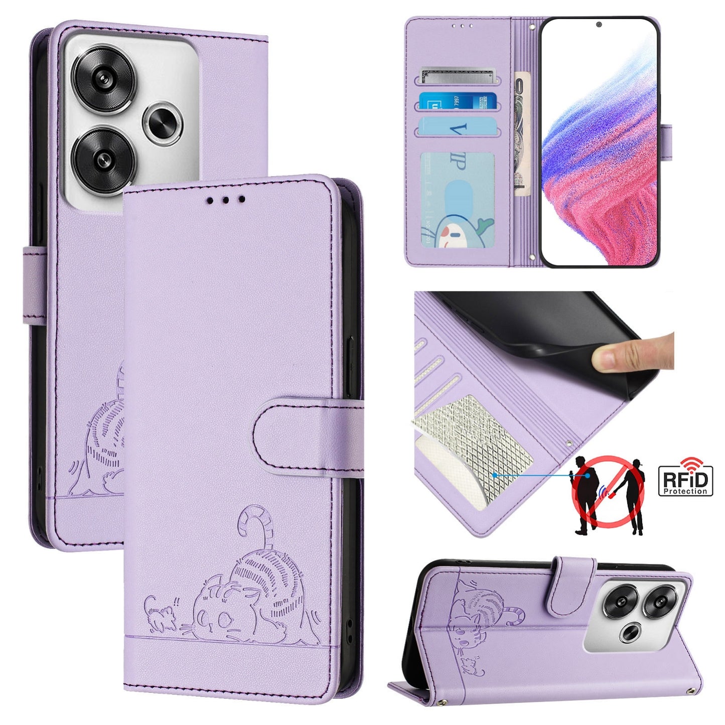 For Xiaomi POCO F6 5G Cat and Rat Embossed Pattern, RFID Leather Phone Case with Lanyard, Kickstand, and Wallet Features