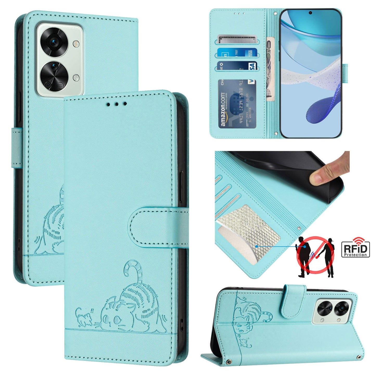 OnePlus Nord 2T Cat and Rat Embossed Pattern, RFID Leather Phone Case with Lanyard, Kickstand, and Wallet Features