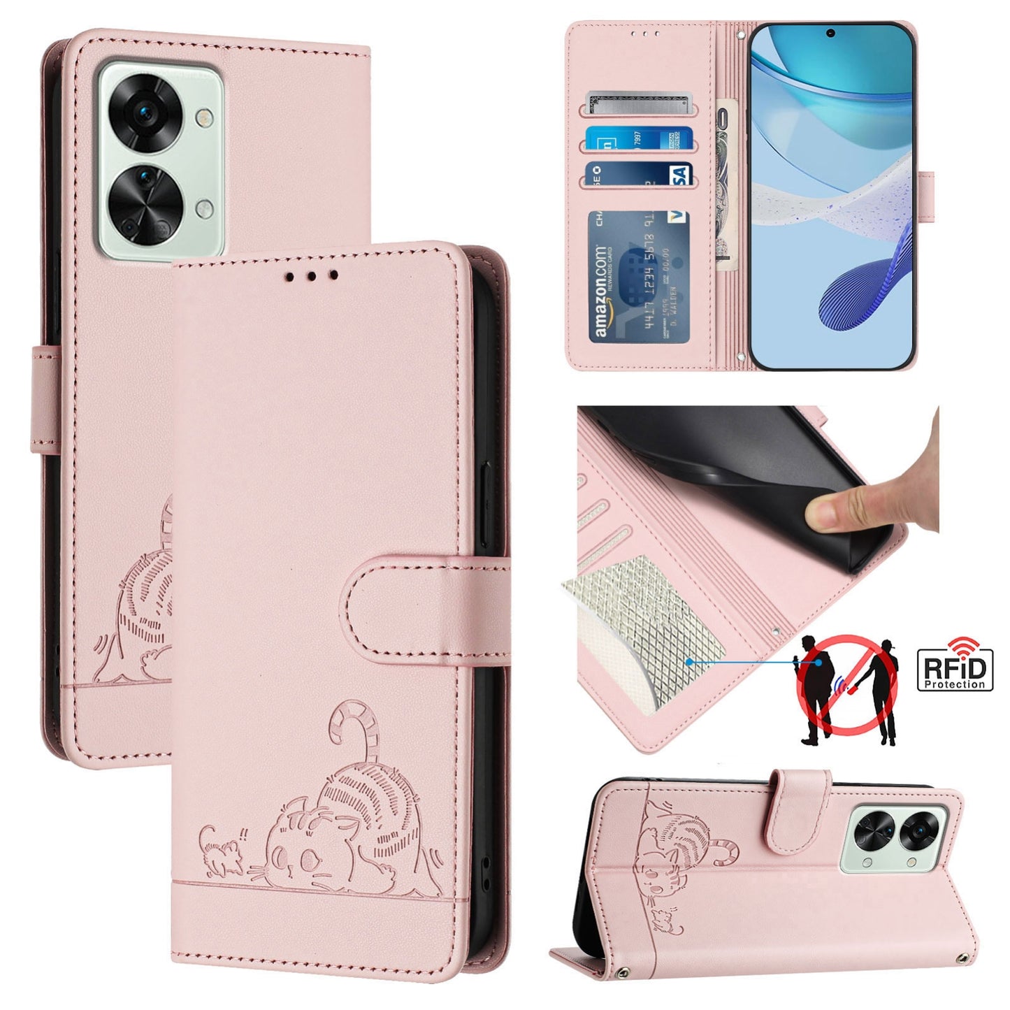 OnePlus Nord 2T Cat and Rat Embossed Pattern, RFID Leather Phone Case with Lanyard, Kickstand, and Wallet Features