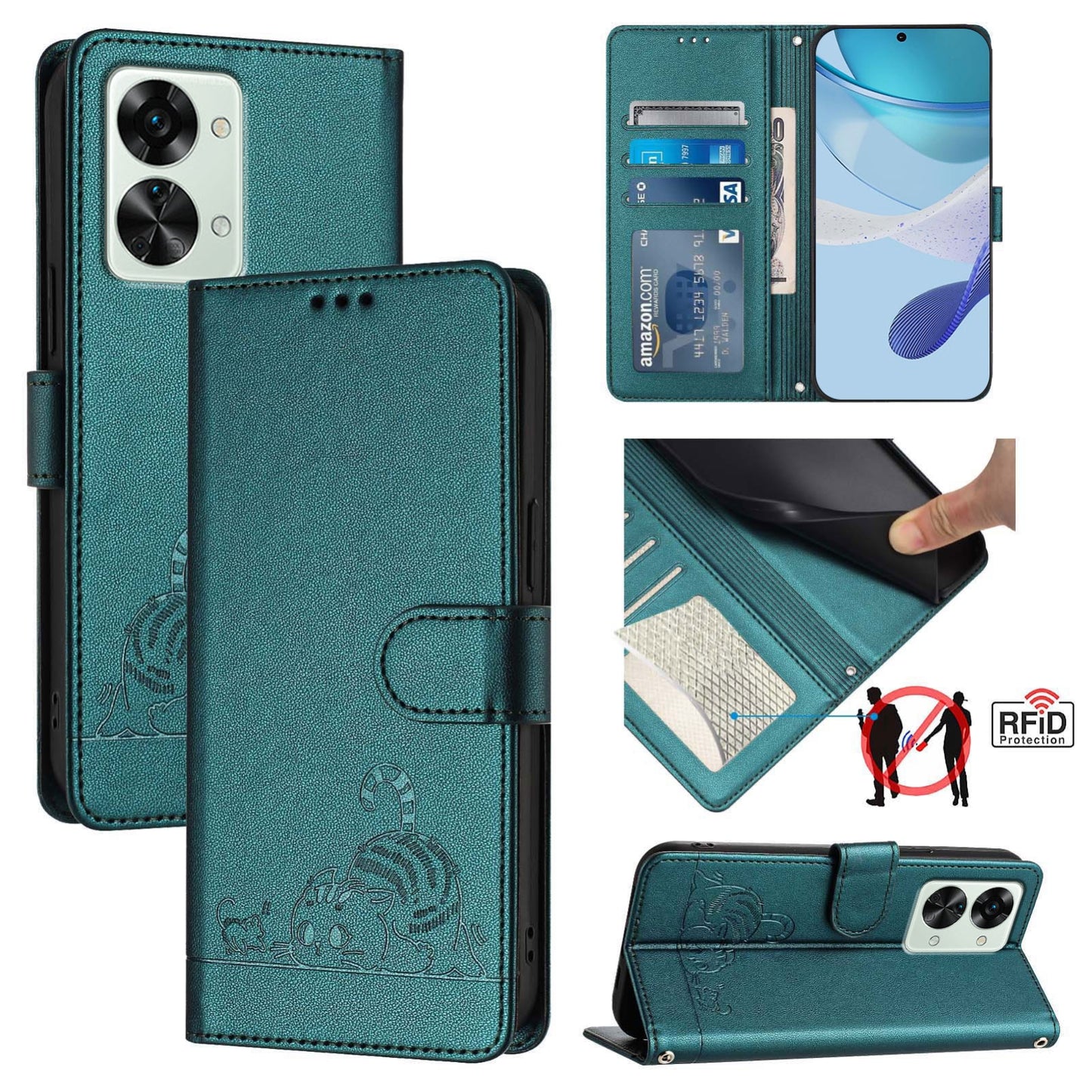 OnePlus Nord 2T Cat and Rat Embossed Pattern, RFID Leather Phone Case with Lanyard, Kickstand, and Wallet Features