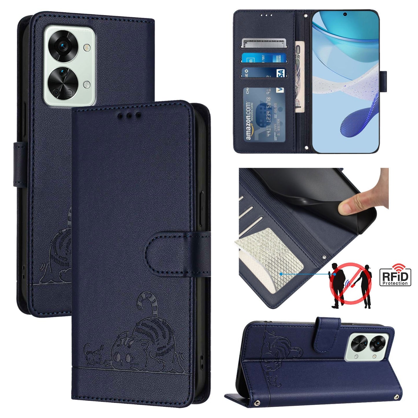 OnePlus Nord 2T Cat and Rat Embossed Pattern, RFID Leather Phone Case with Lanyard, Kickstand, and Wallet Features