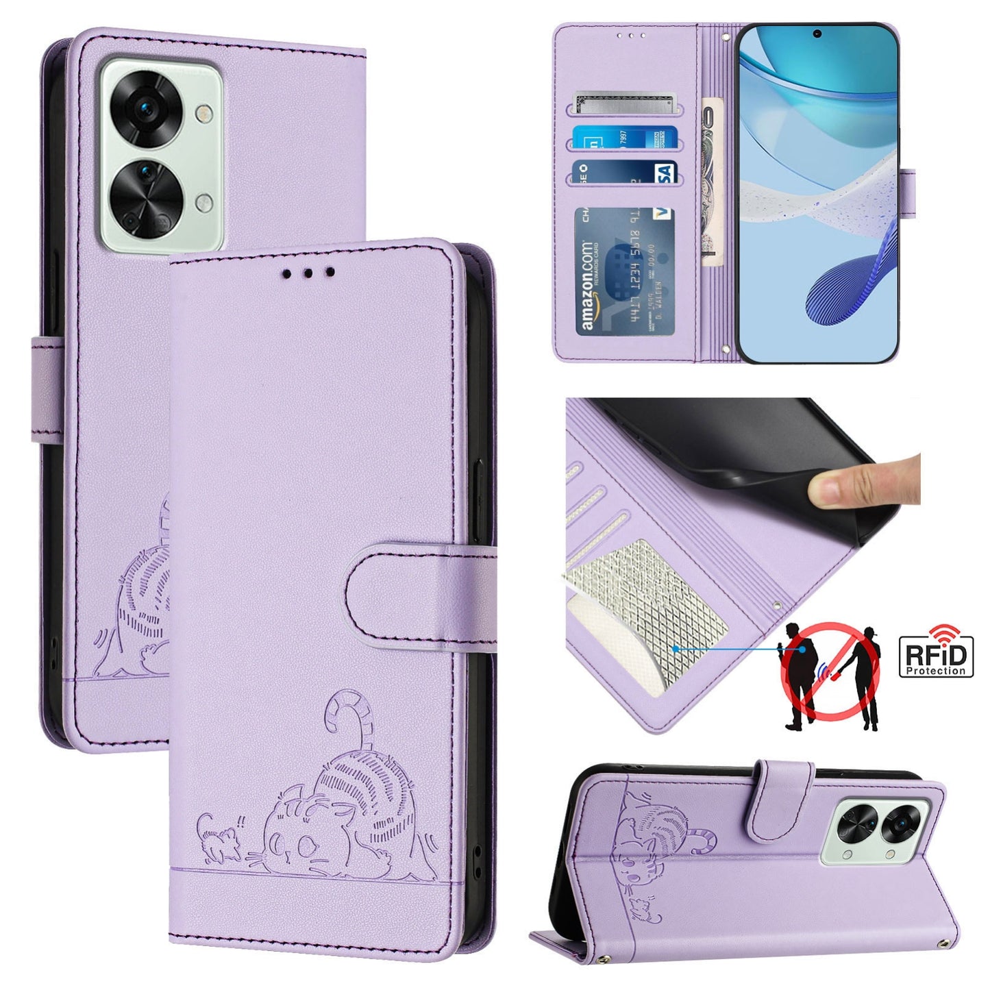 OnePlus Nord 2T Cat and Rat Embossed Pattern, RFID Leather Phone Case with Lanyard, Kickstand, and Wallet Features