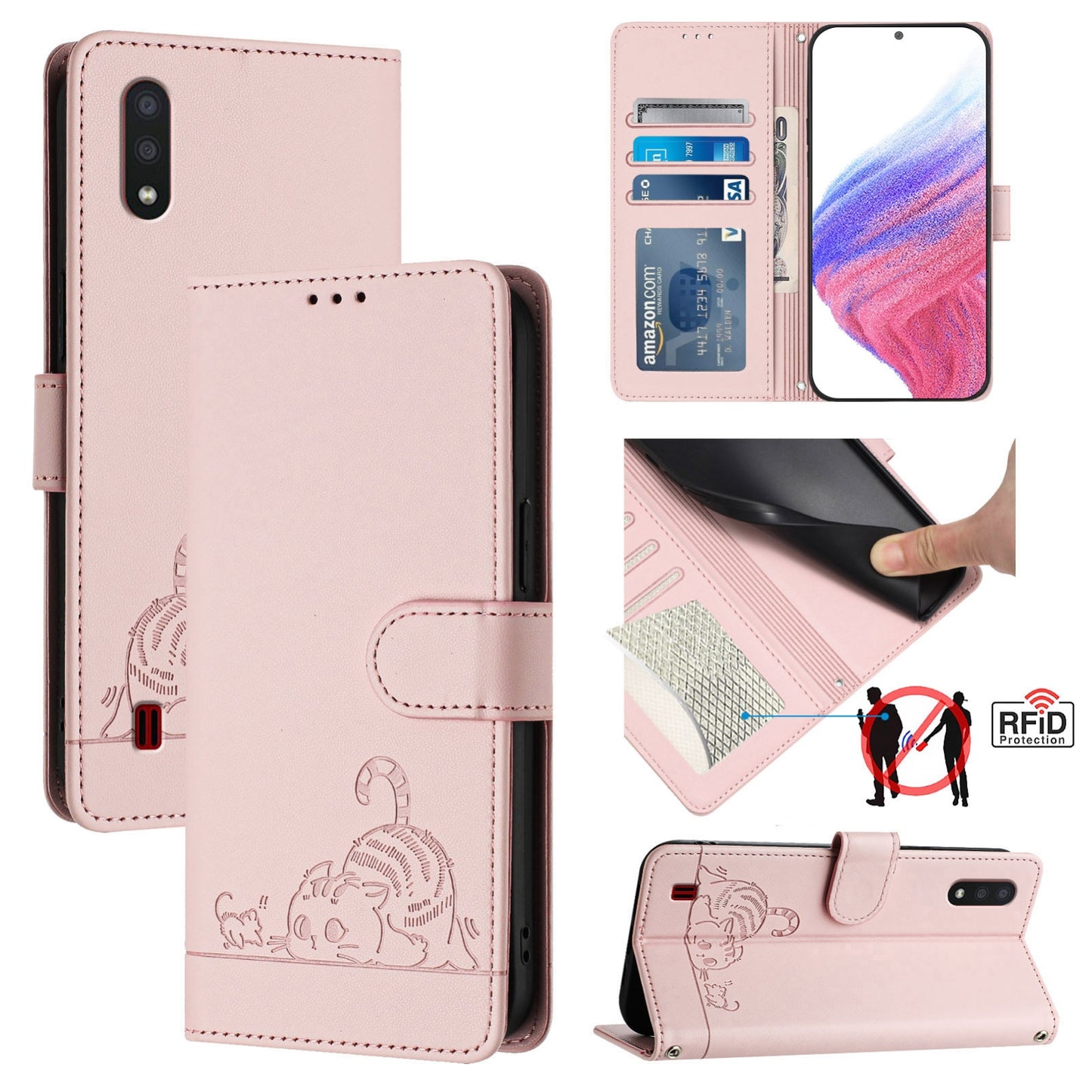 For Samsung Galaxy A01 EU Version Cat and Rat Embossed Pattern, RFID Leather Phone Case with Lanyard, Kickstand, and Wallet Features