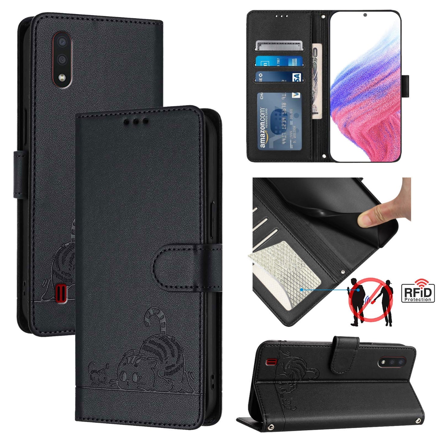 For Samsung Galaxy A01 EU Version Cat and Rat Embossed Pattern, RFID Leather Phone Case with Lanyard, Kickstand, and Wallet Features