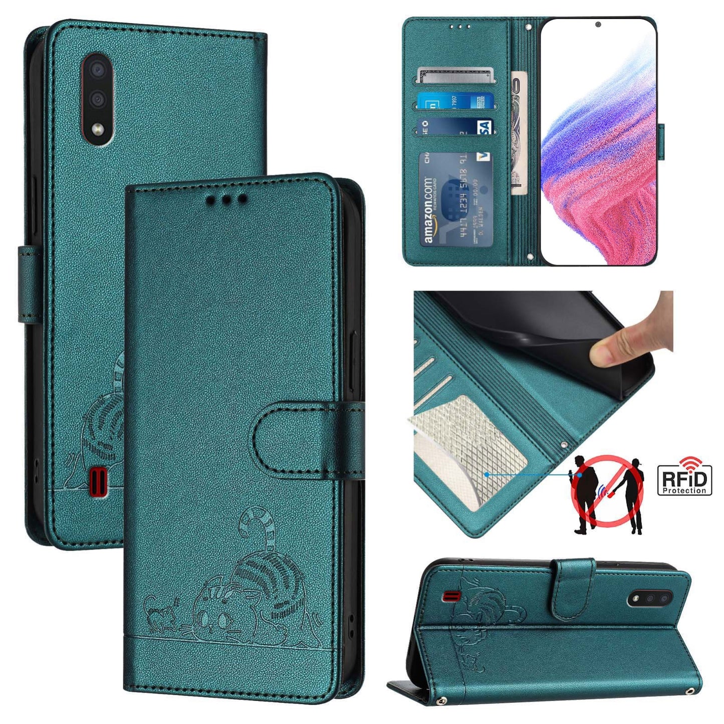 For Samsung Galaxy A01 EU Version Cat and Rat Embossed Pattern, RFID Leather Phone Case with Lanyard, Kickstand, and Wallet Features