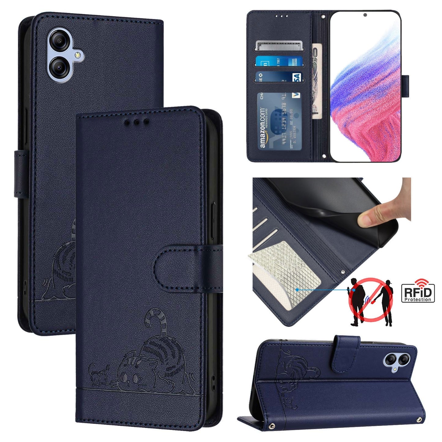 For Samsung Galaxy M04 4G Cat and Rat Embossed Pattern, RFID Leather Phone Case with Lanyard, Kickstand, and Wallet Features