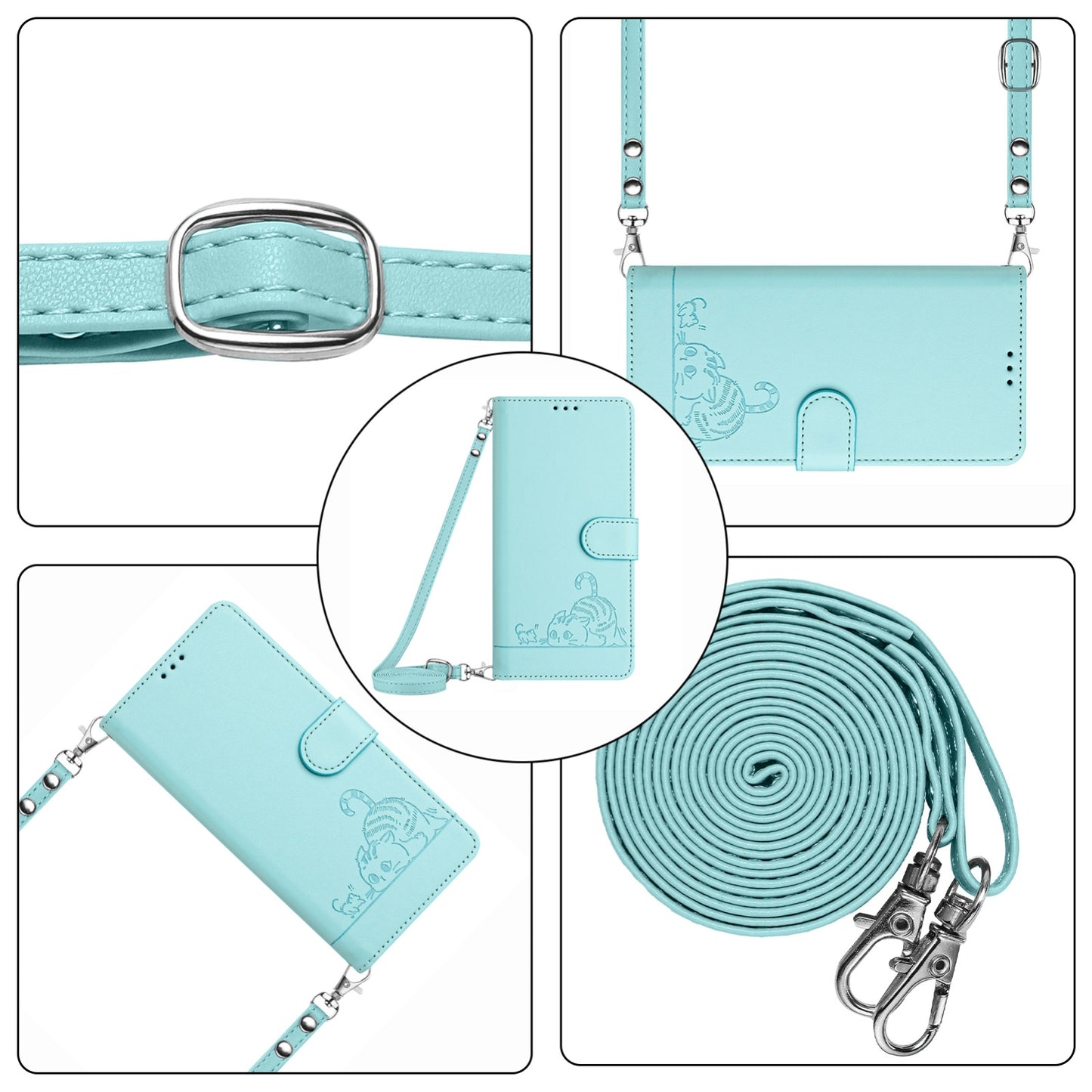 For Samsung Galaxy M10 EU Version Cat and Rat Embossed Pattern, RFID Leather Phone Case with Lanyard, Kickstand, and Wallet Features