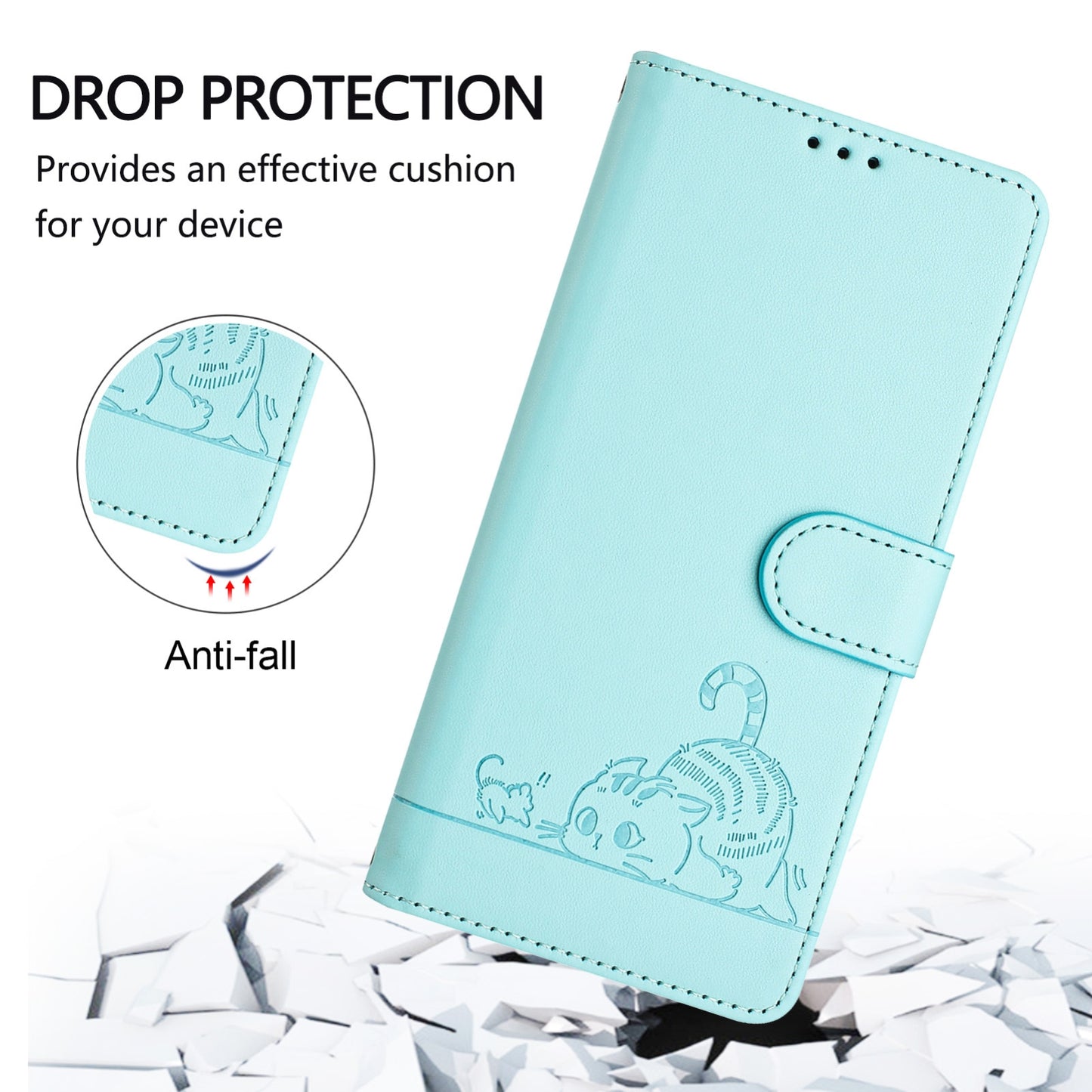 For Samsung Galaxy M10 EU Version Cat and Rat Embossed Pattern, RFID Leather Phone Case with Lanyard, Kickstand, and Wallet Features