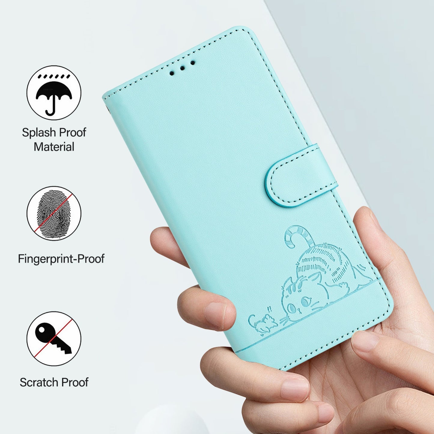 For Samsung Galaxy M10 EU Version Cat and Rat Embossed Pattern, RFID Leather Phone Case with Lanyard, Kickstand, and Wallet Features