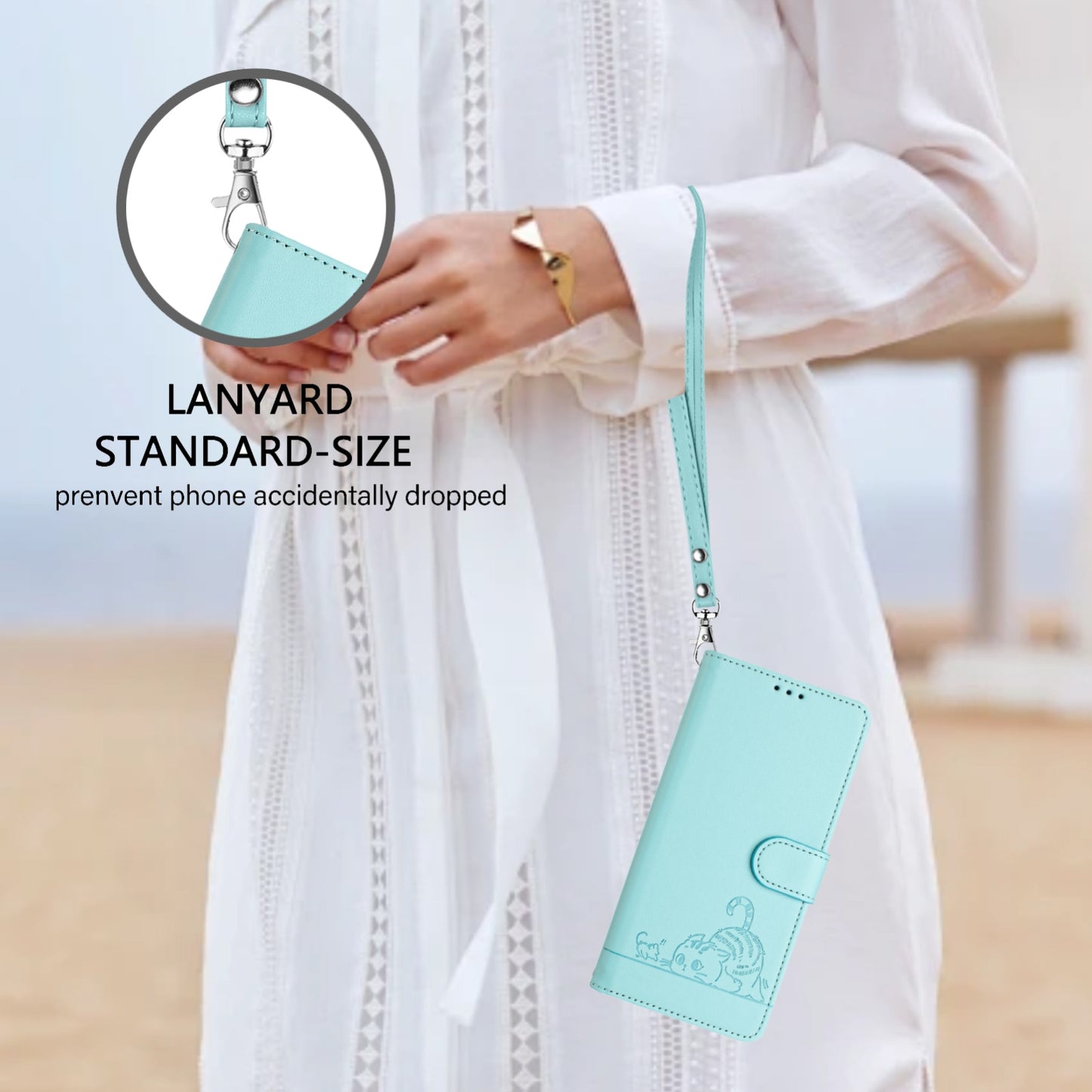For Samsung Galaxy M10 EU Version Cat and Rat Embossed Pattern, RFID Leather Phone Case with Lanyard, Kickstand, and Wallet Features