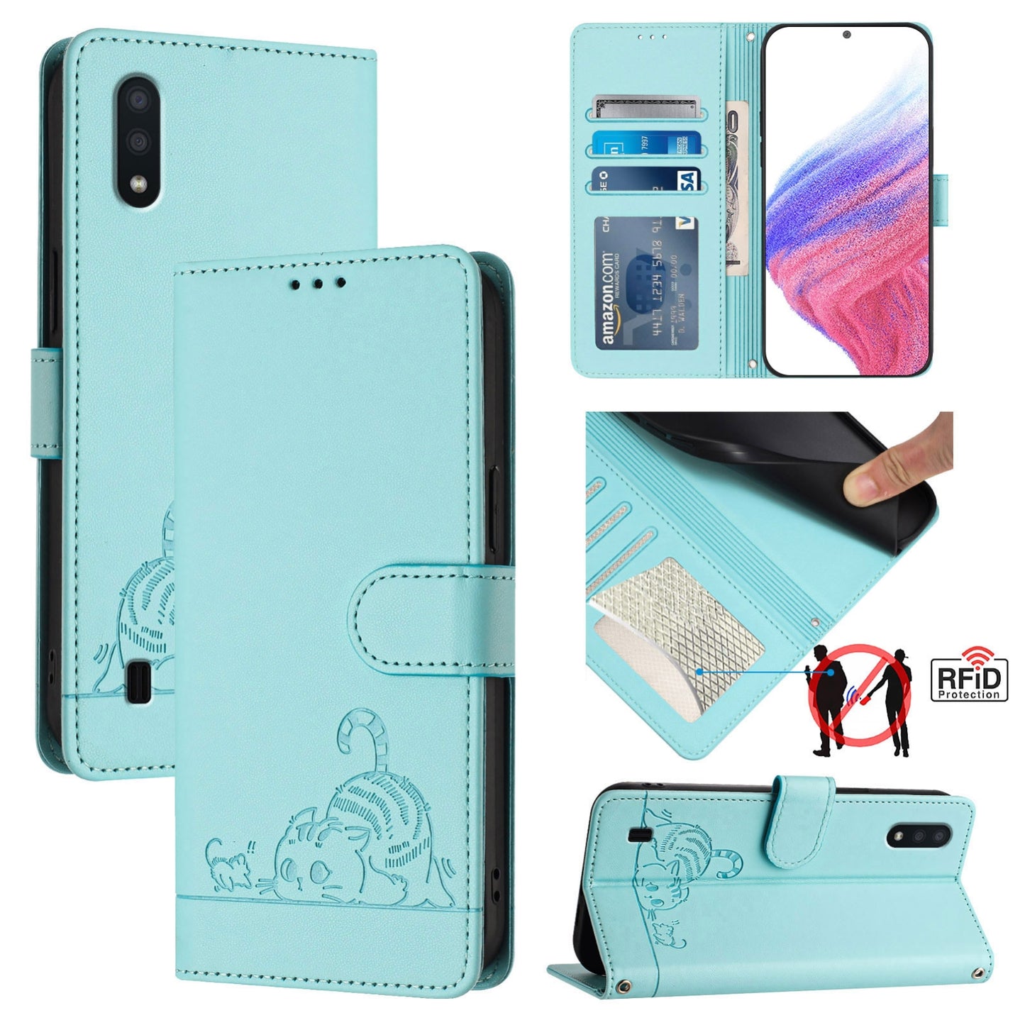 For Samsung Galaxy M10 EU Version Cat and Rat Embossed Pattern, RFID Leather Phone Case with Lanyard, Kickstand, and Wallet Features