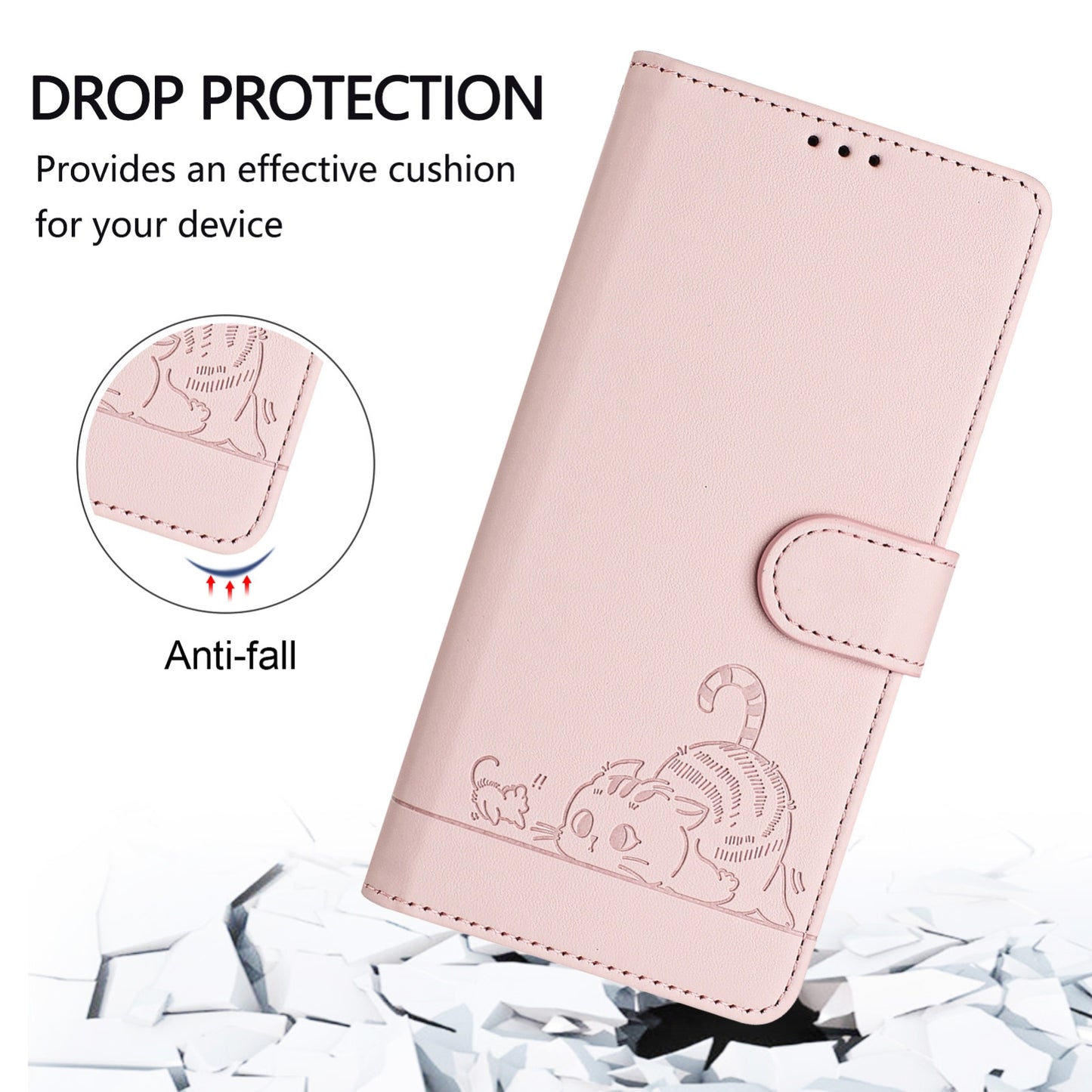 For Samsung Galaxy M10 EU Version Cat and Rat Embossed Pattern, RFID Leather Phone Case with Lanyard, Kickstand, and Wallet Features