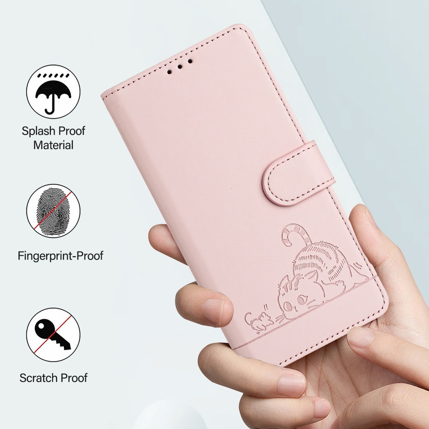 For Samsung Galaxy M10 EU Version Cat and Rat Embossed Pattern, RFID Leather Phone Case with Lanyard, Kickstand, and Wallet Features