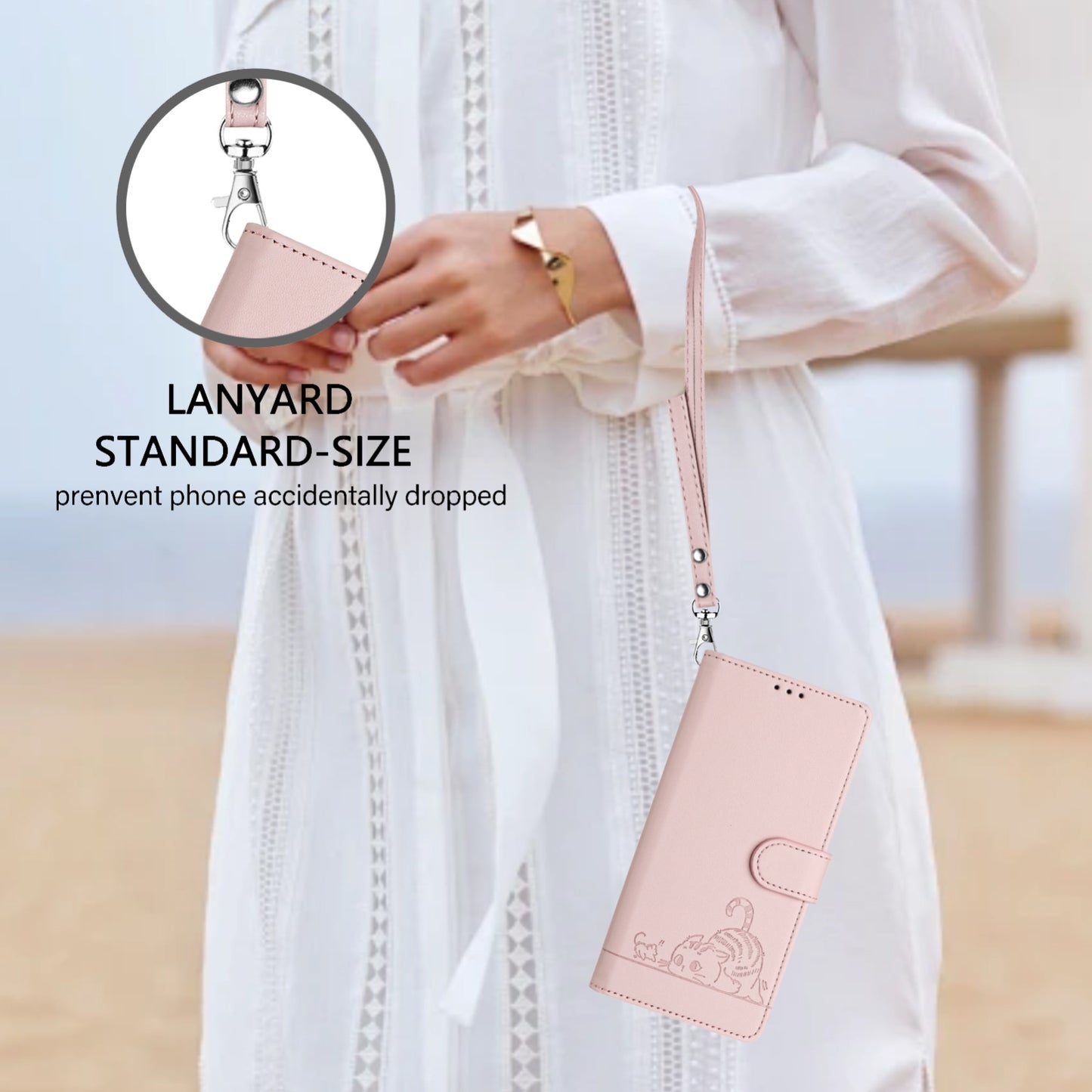 For Samsung Galaxy M10 EU Version Cat and Rat Embossed Pattern, RFID Leather Phone Case with Lanyard, Kickstand, and Wallet Features