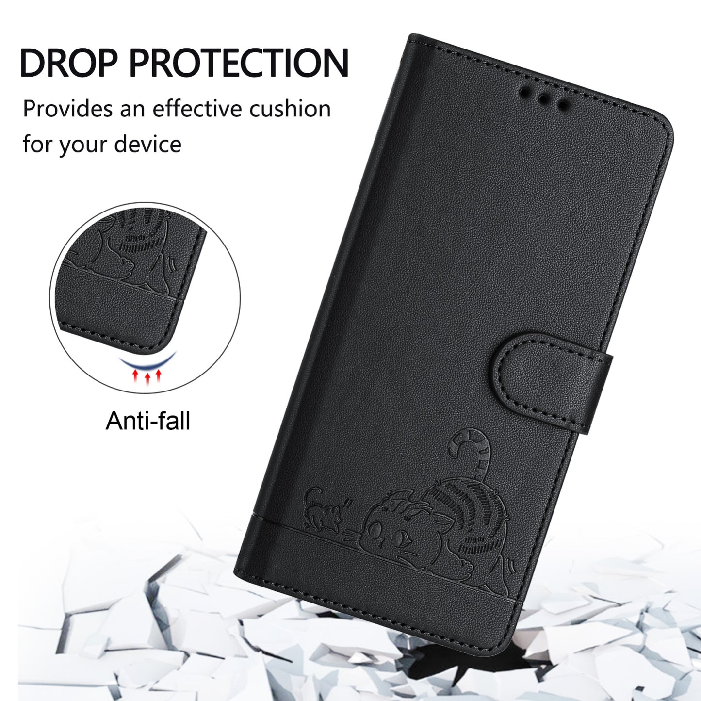 For Samsung Galaxy M10 EU Version Cat and Rat Embossed Pattern, RFID Leather Phone Case with Lanyard, Kickstand, and Wallet Features