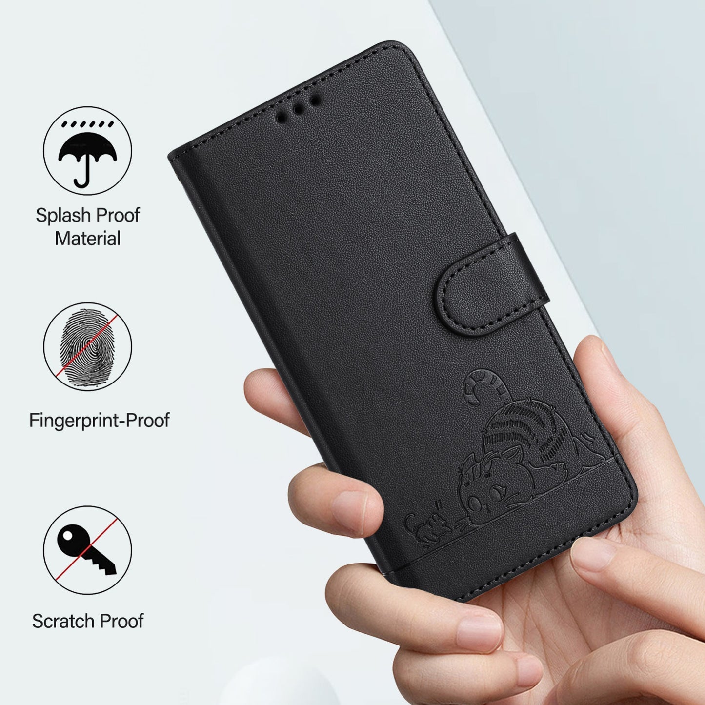 For Samsung Galaxy M10 EU Version Cat and Rat Embossed Pattern, RFID Leather Phone Case with Lanyard, Kickstand, and Wallet Features