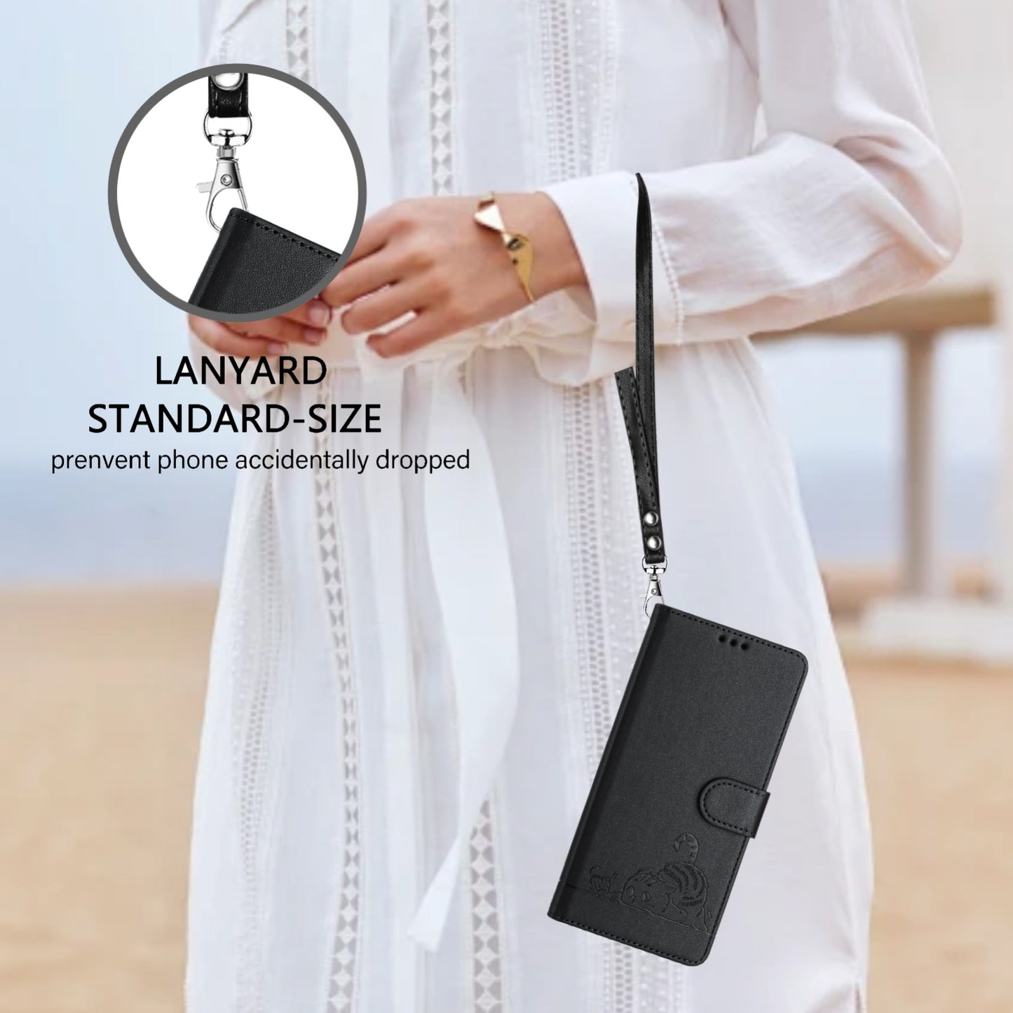For Samsung Galaxy M10 EU Version Cat and Rat Embossed Pattern, RFID Leather Phone Case with Lanyard, Kickstand, and Wallet Features
