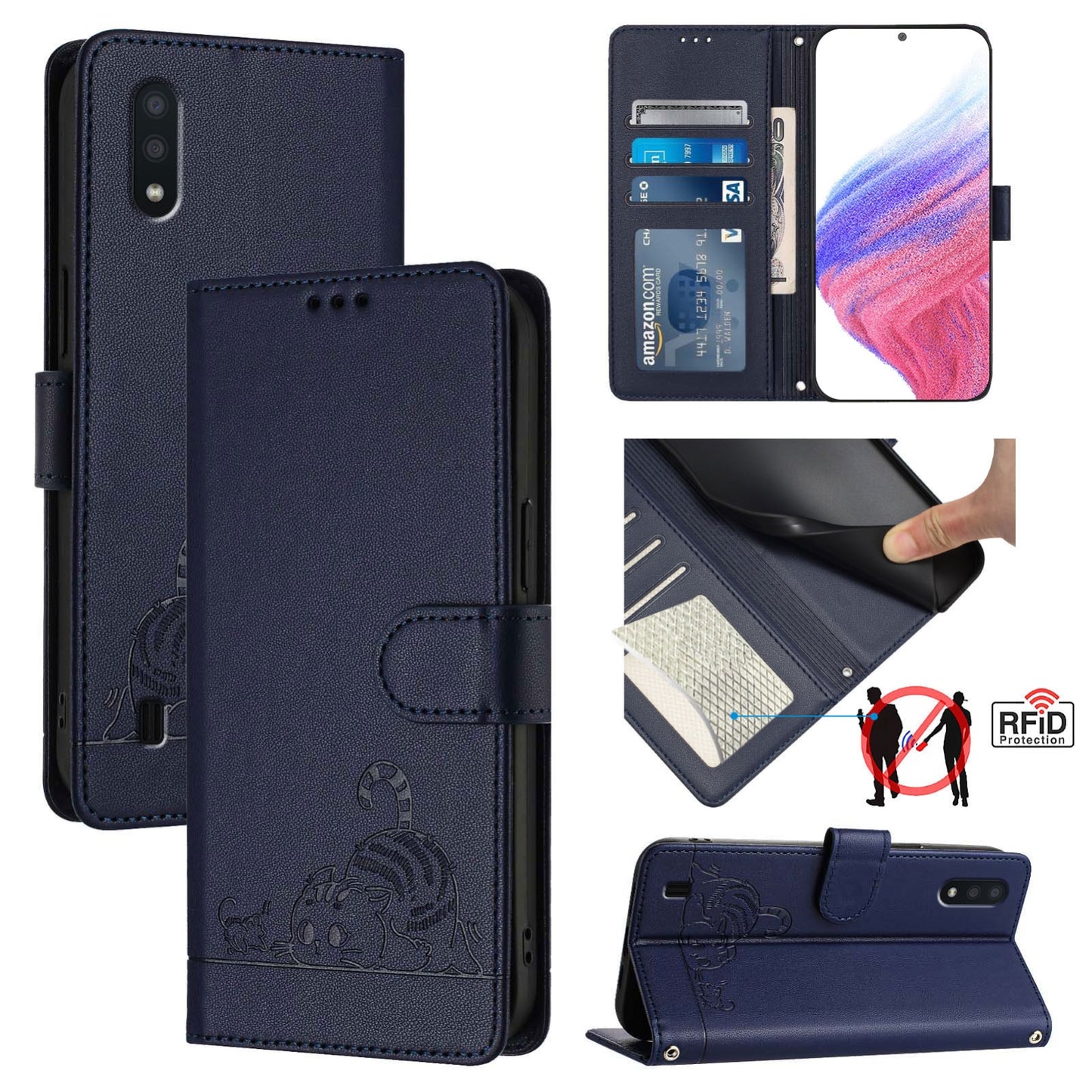 For Samsung Galaxy M10 EU Version Cat and Rat Embossed Pattern, RFID Leather Phone Case with Lanyard, Kickstand, and Wallet Features