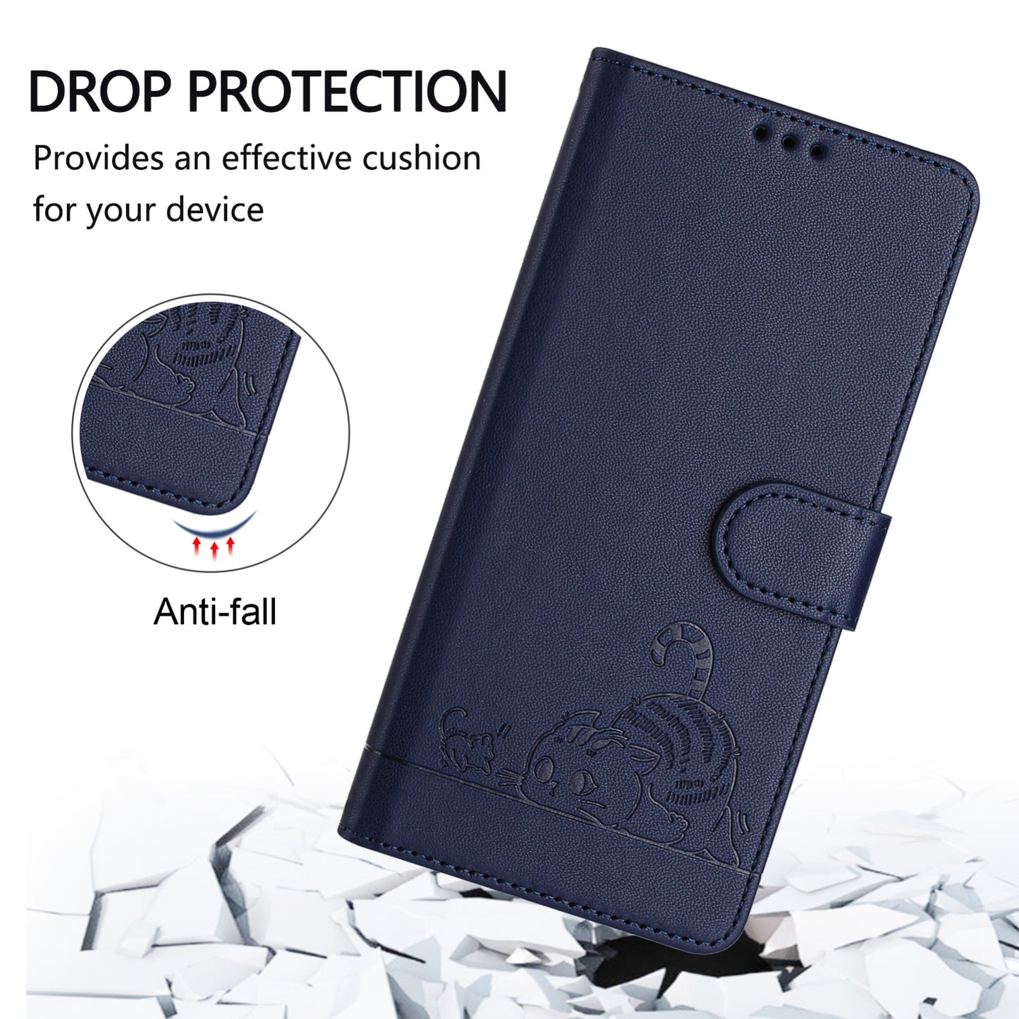 For Samsung Galaxy M10 EU Version Cat and Rat Embossed Pattern, RFID Leather Phone Case with Lanyard, Kickstand, and Wallet Features