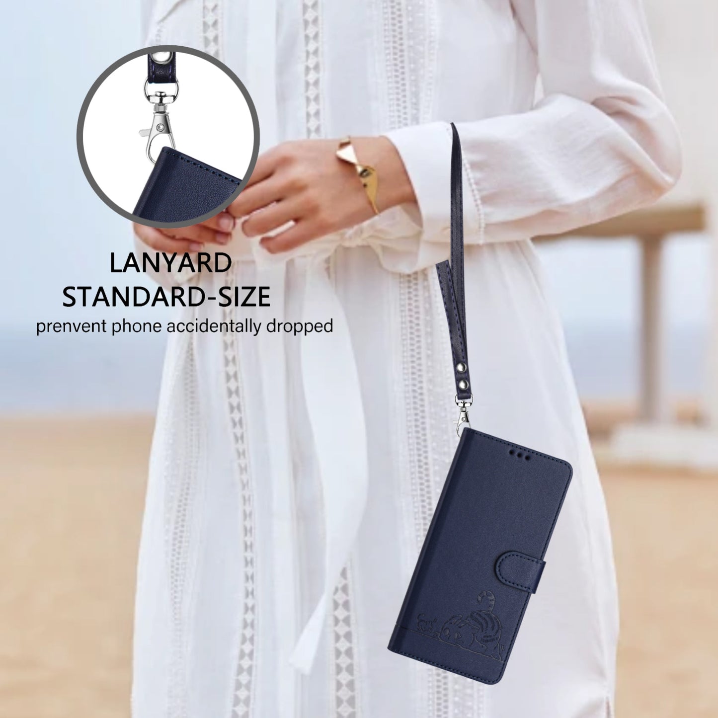 For Samsung Galaxy M10 EU Version Cat and Rat Embossed Pattern, RFID Leather Phone Case with Lanyard, Kickstand, and Wallet Features